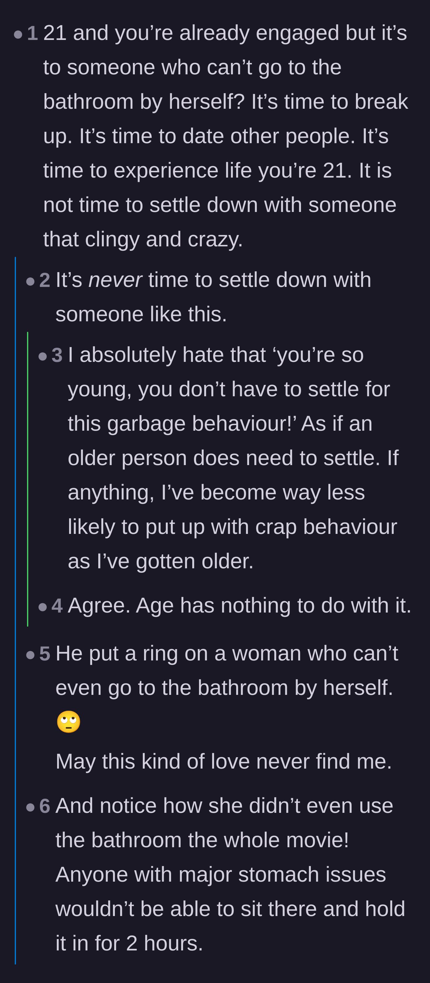 Comment thread 3 - Debate over why a 21-year-old would stay engaged to someone who acts this clingy and dependent.