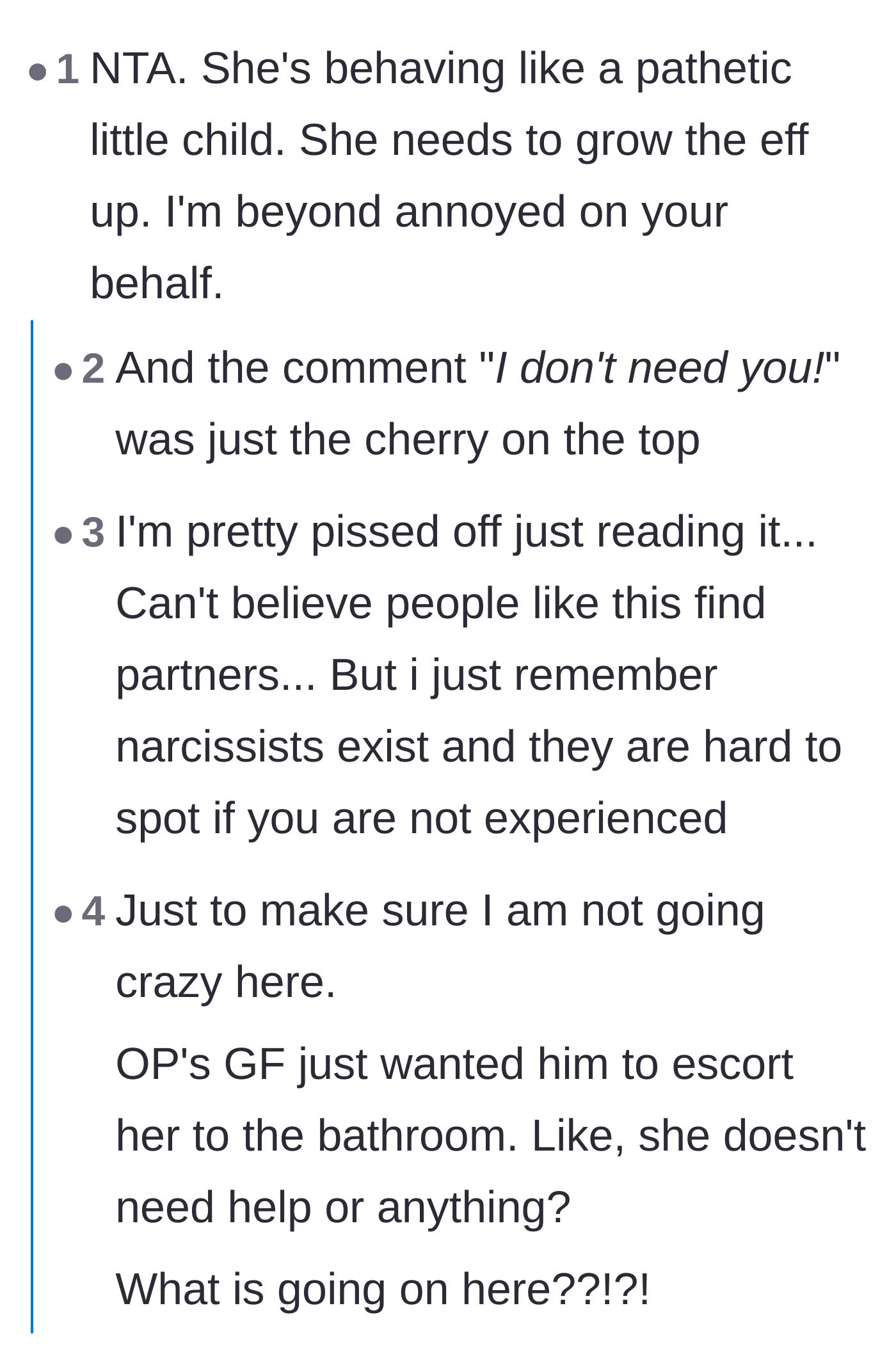 Comment thread 4 - Sheer disbelief and annoyance from users who can't understand why an adult needs a potty escort.