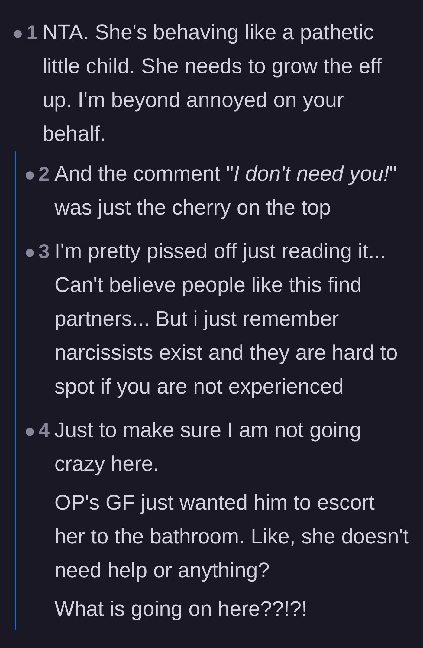 Comment thread 4 - Sheer disbelief and annoyance from users who can't understand why an adult needs a potty escort.