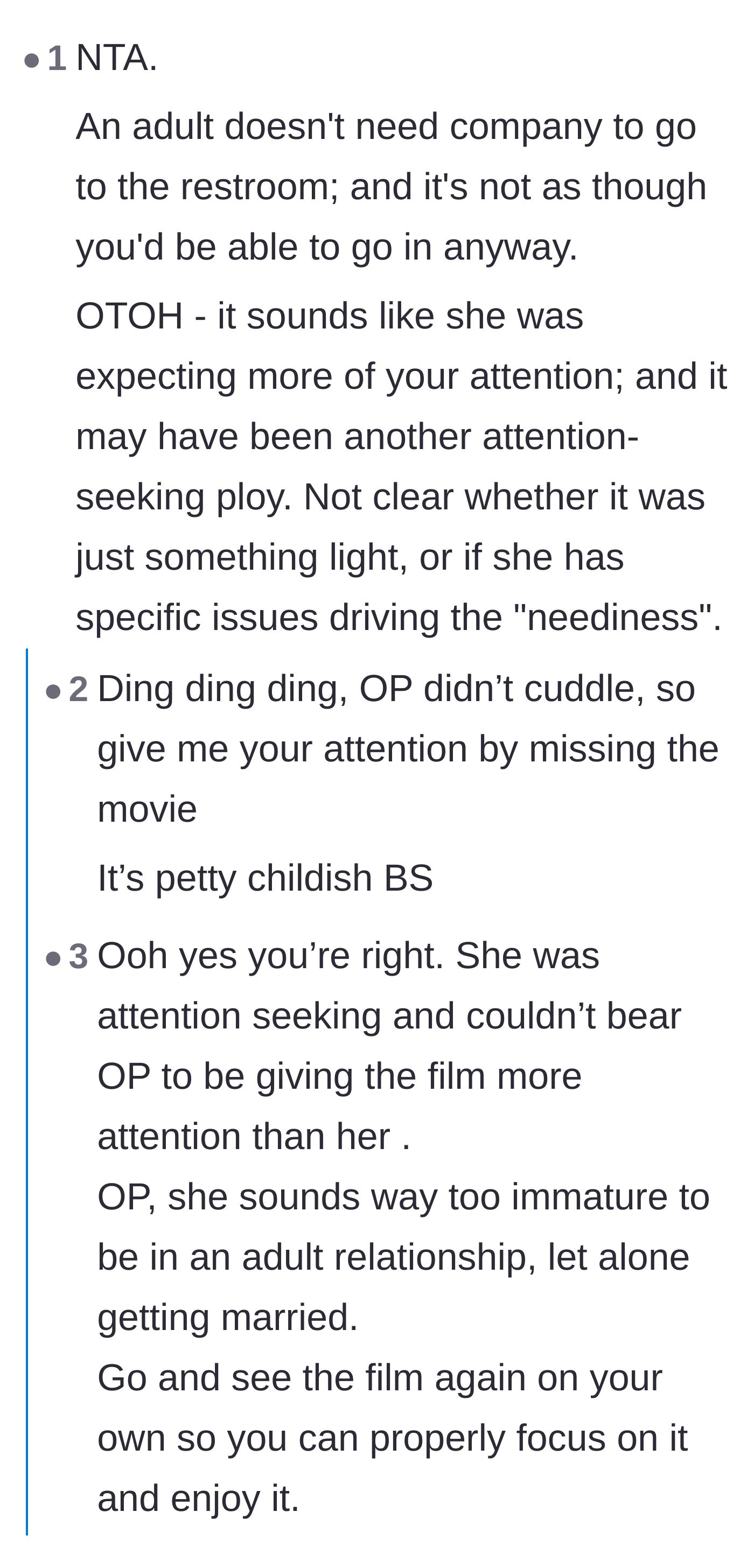 Comment thread 5 - Theorizing that she manufactured the crisis as revenge because he refused to cuddle earlier.