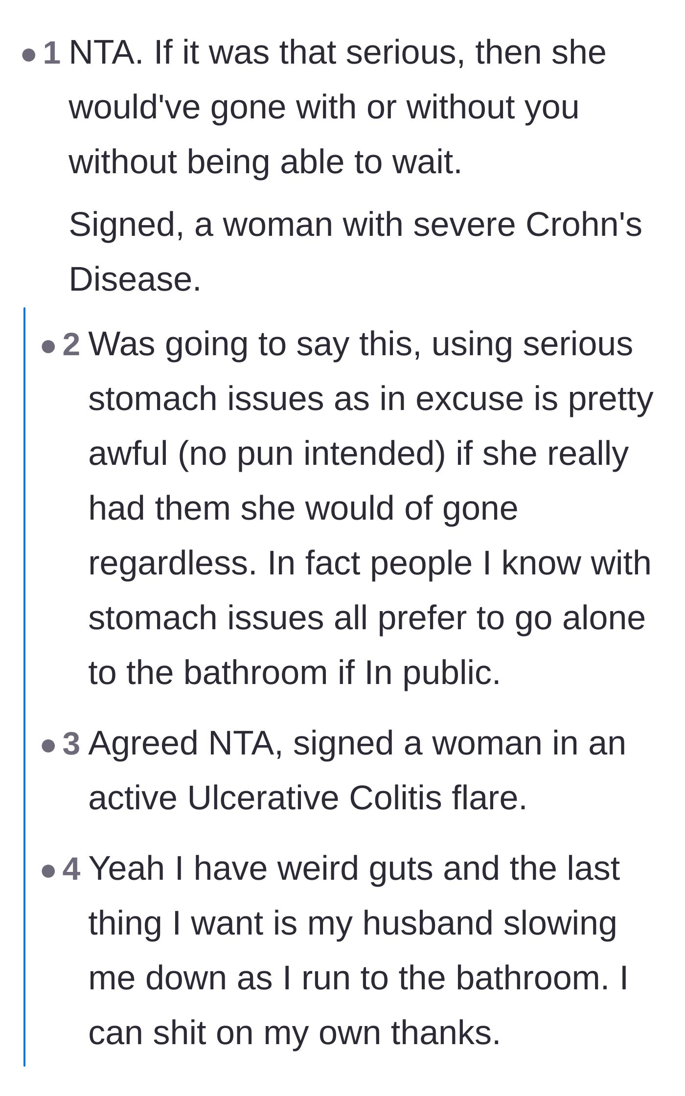 Comment thread 6 - People with severe gastrointestinal diseases confirming that real gut emergencies wait for no one.