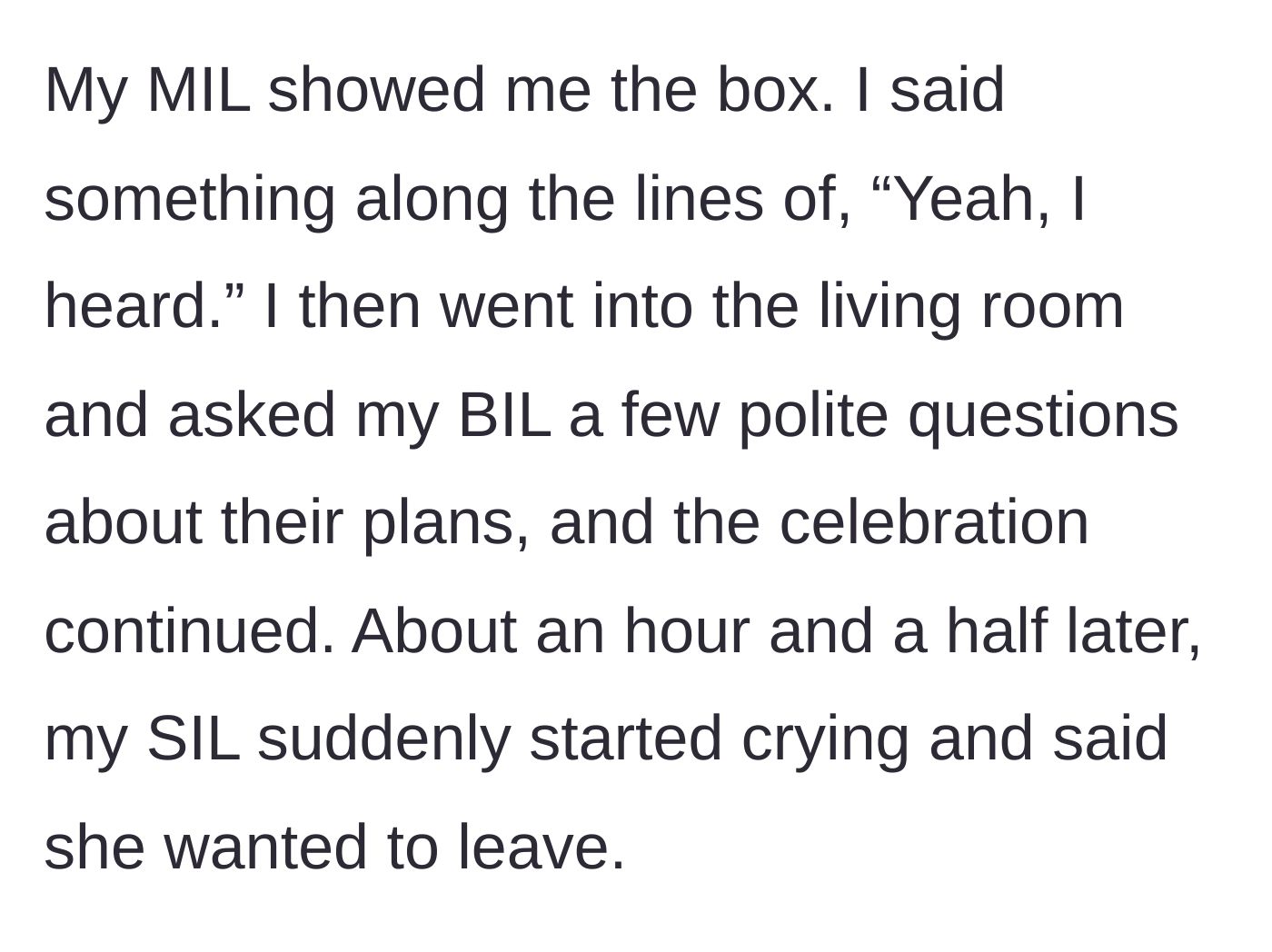 Story part 3 - The mother-in-law shows the pregnancy announcement box to the host, who reacts calmly, leading the sister-in-law to burst into tears and leave the party early.
