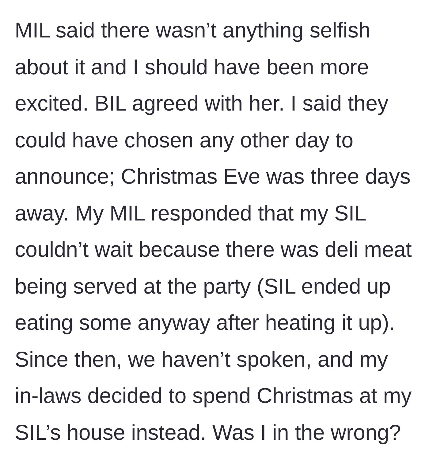 Story part 5 - The family defends the hijacking using deli meat as an excuse, even though the sister-in-law ate it anyway, and the in-laws ditch the host for Christmas.