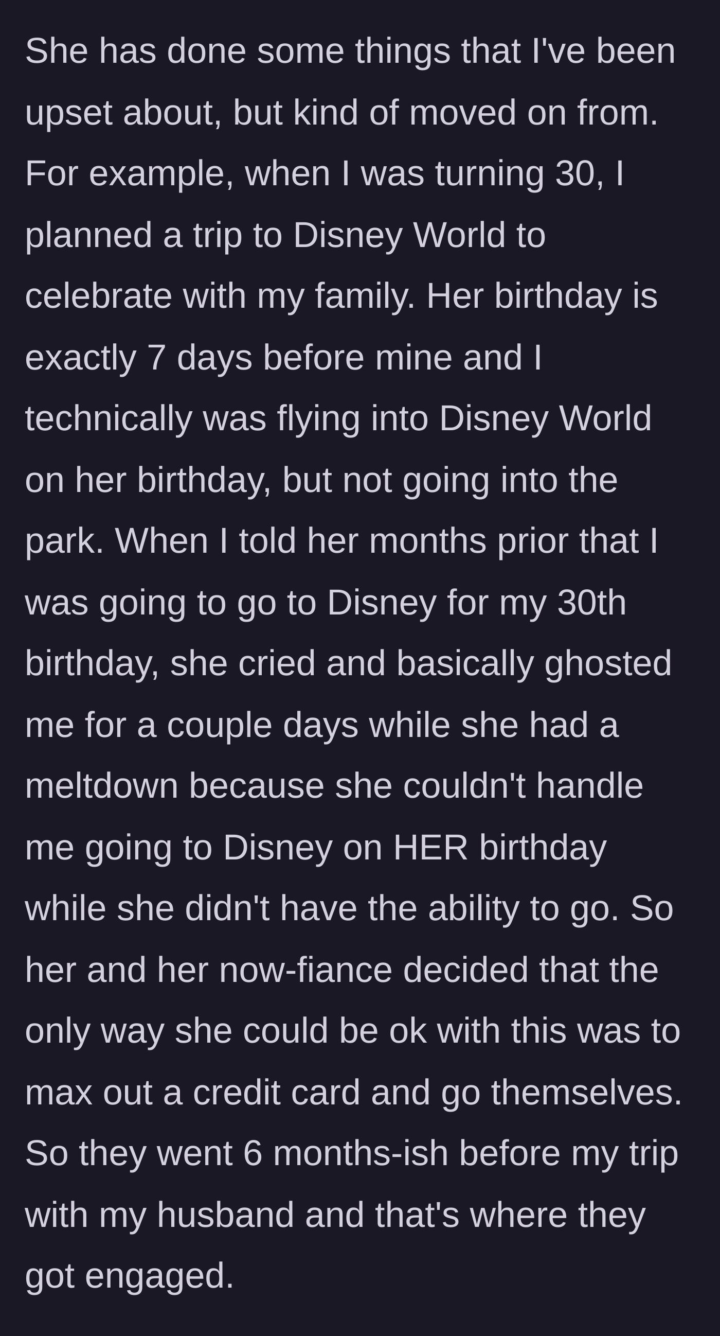 Friend throws a jealous fit over a 30th birthday Disney trip.