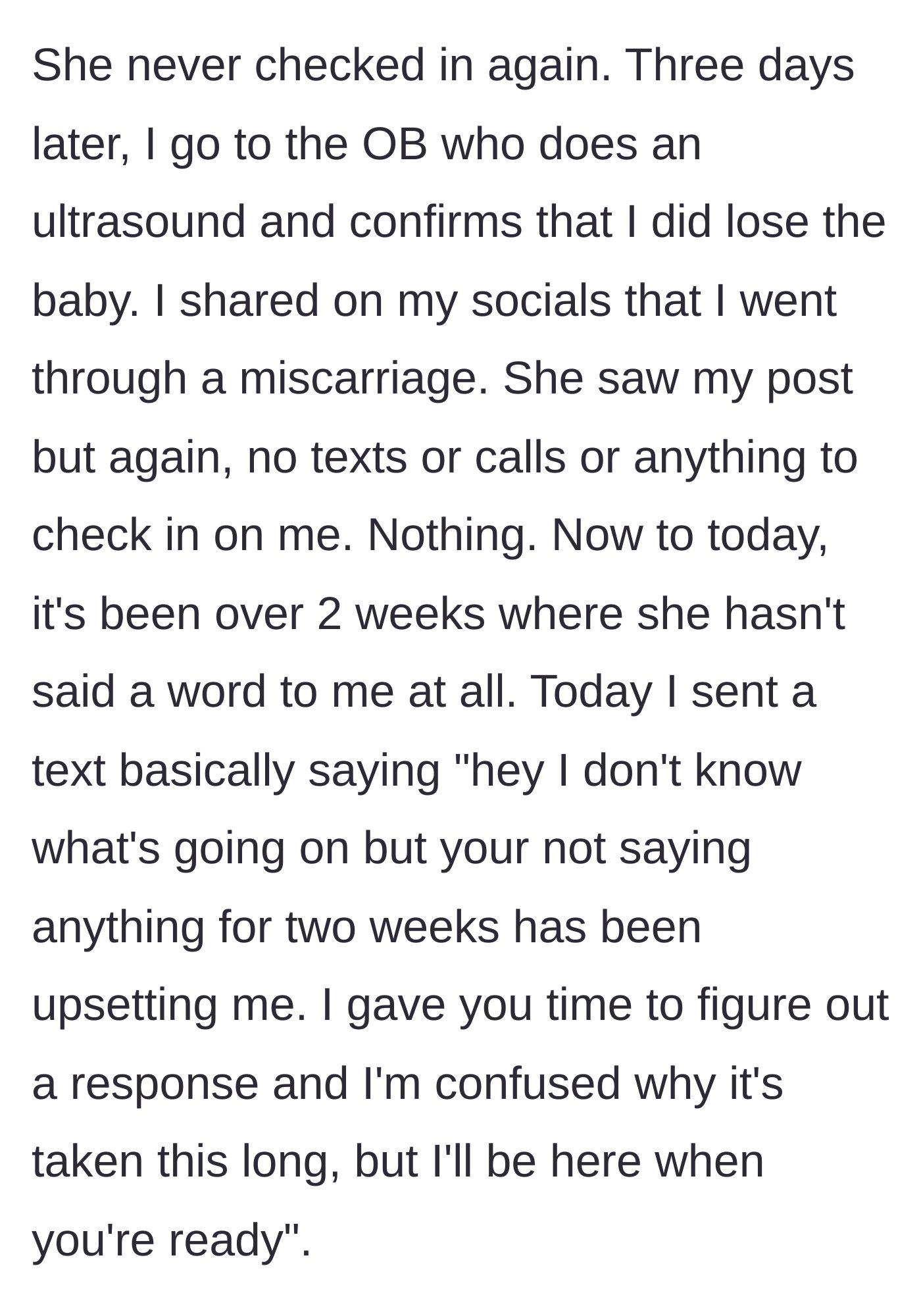 Silence from the bride after the miscarriage is publicly confirmed.