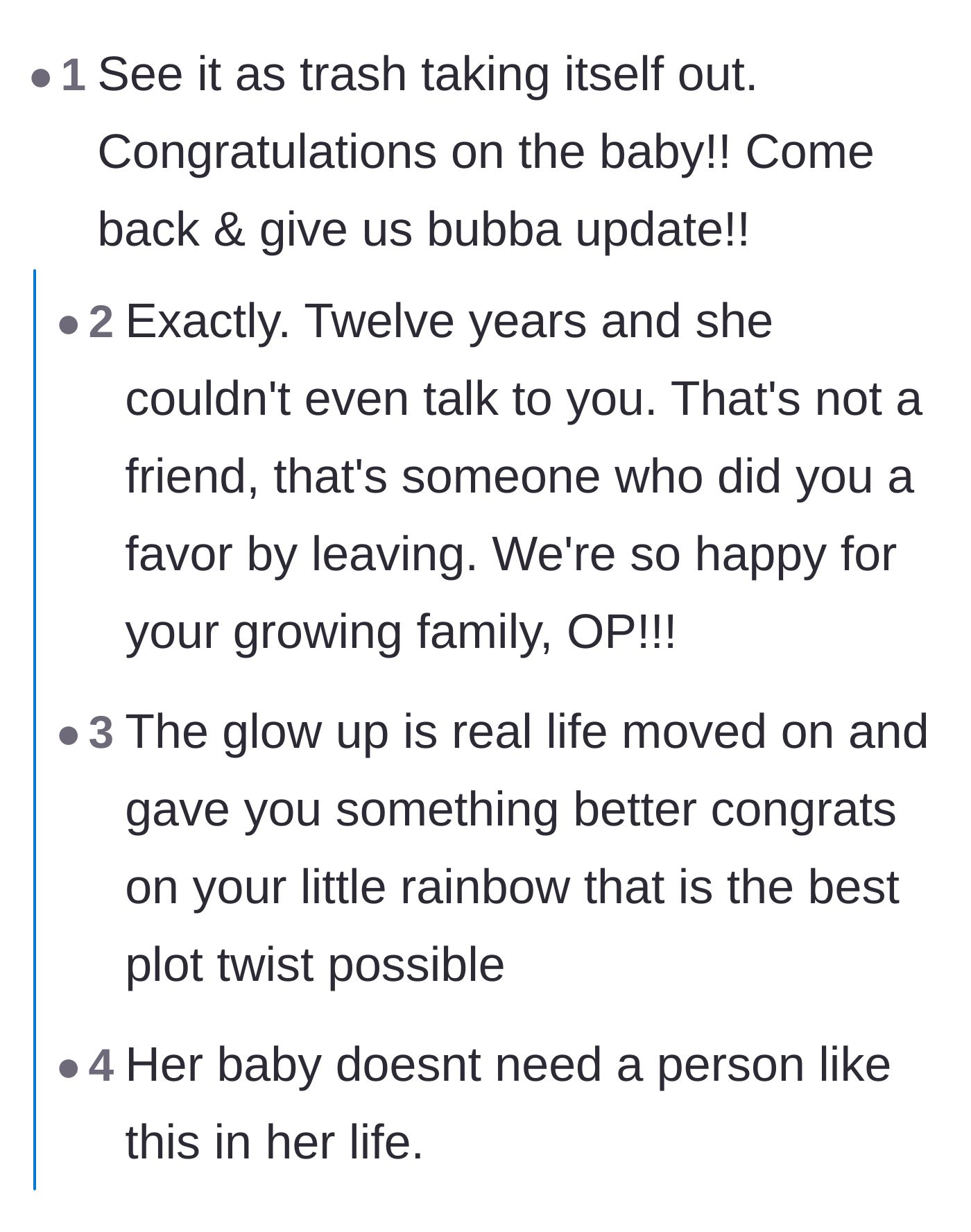 Comment thread 1 - Readers celebrating the toxic friend's exit and cheering for the rainbow baby.