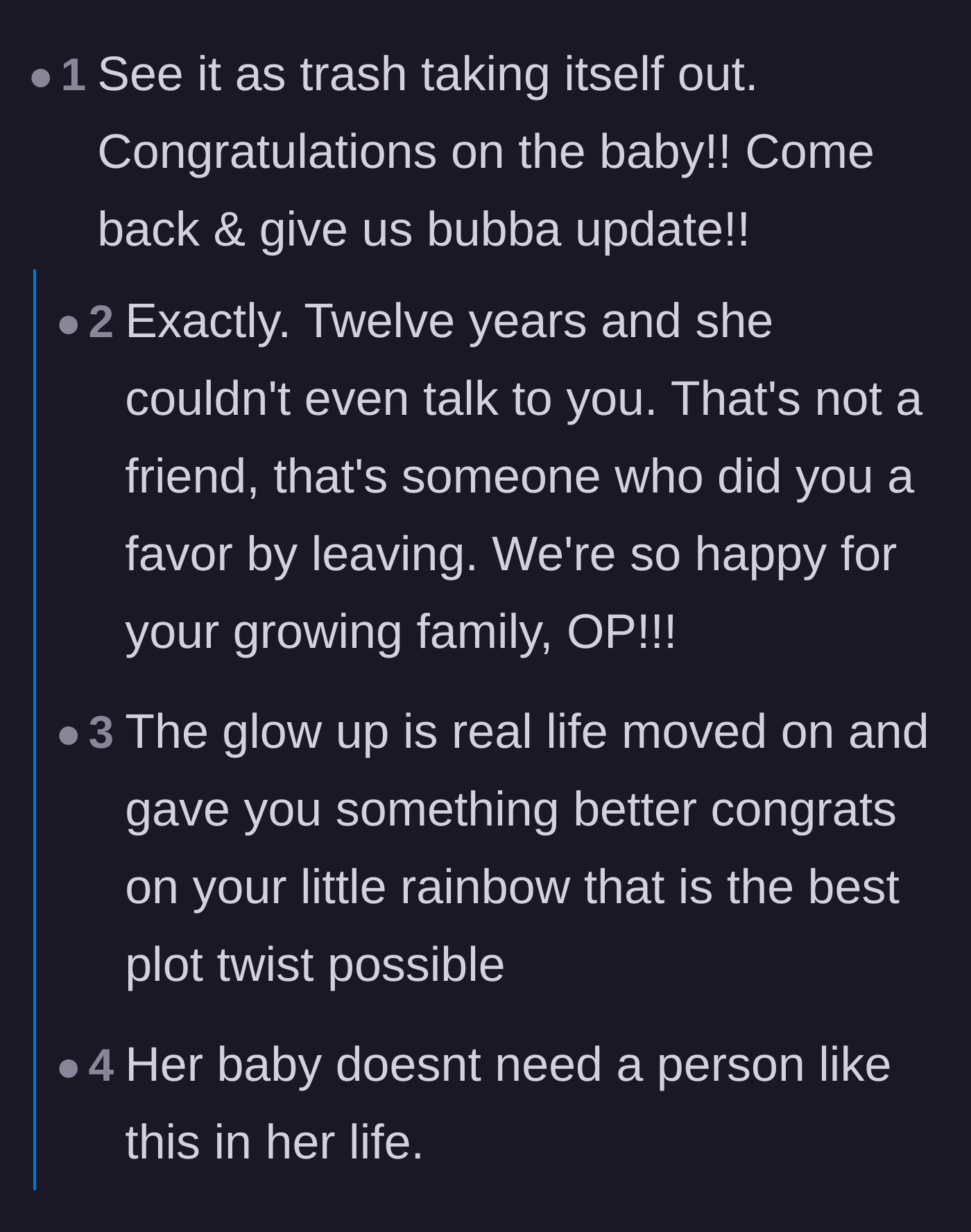 Comment thread 1 - Readers celebrating the toxic friend's exit and cheering for the rainbow baby.