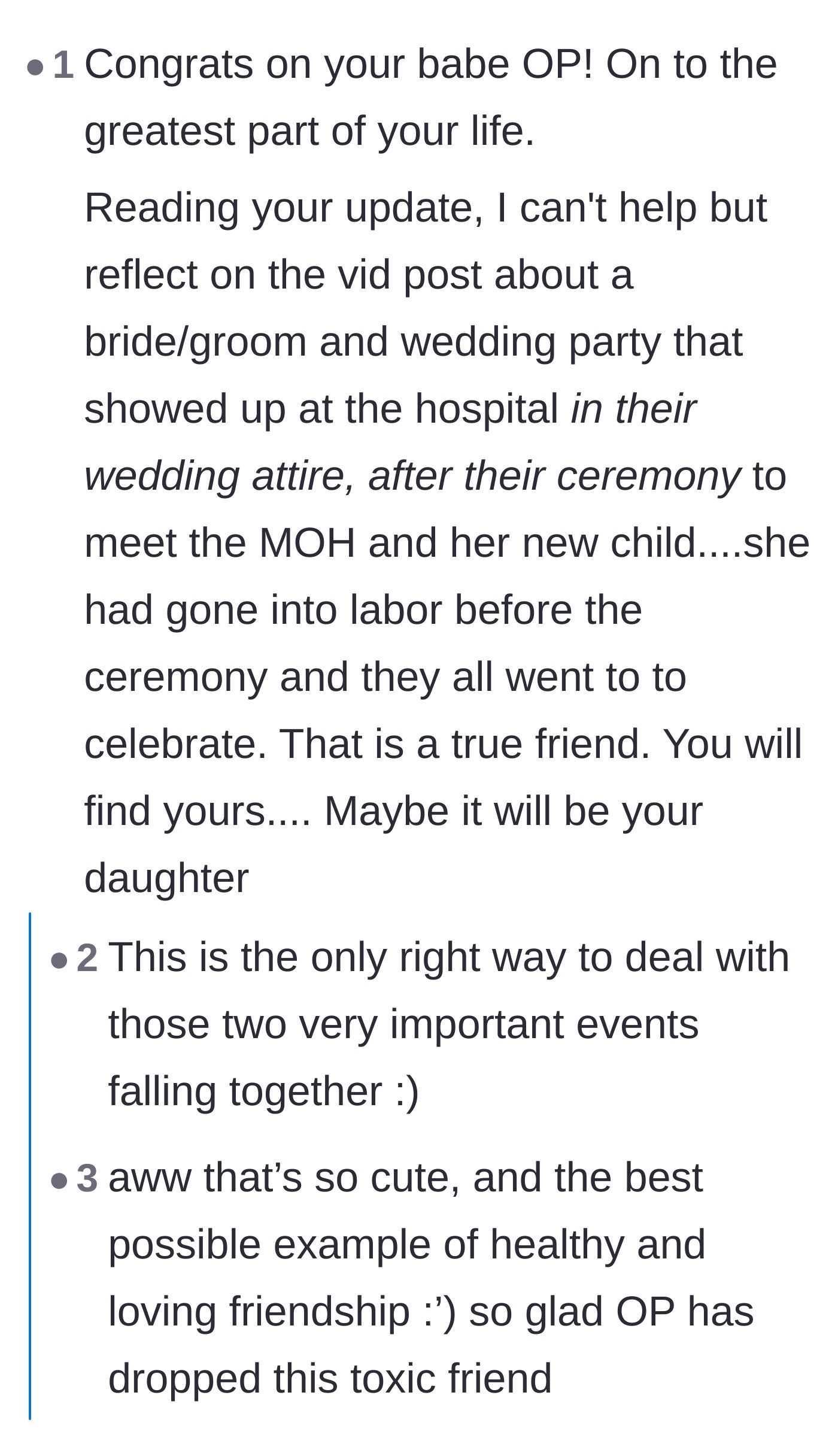 Comment thread 2 - Comparing this bride to a viral video of a supportive wedding party visiting a pregnant bridesmaid in the hospital.