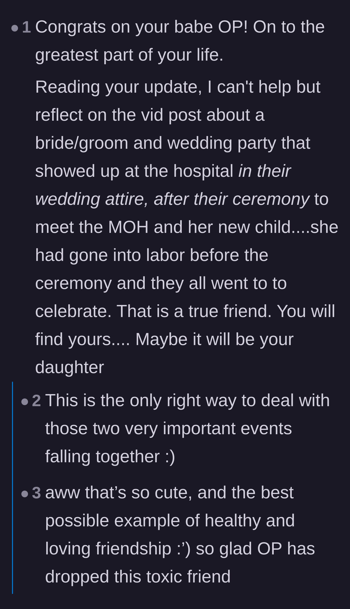 Comment thread 2 - Comparing this bride to a viral video of a supportive wedding party visiting a pregnant bridesmaid in the hospital.