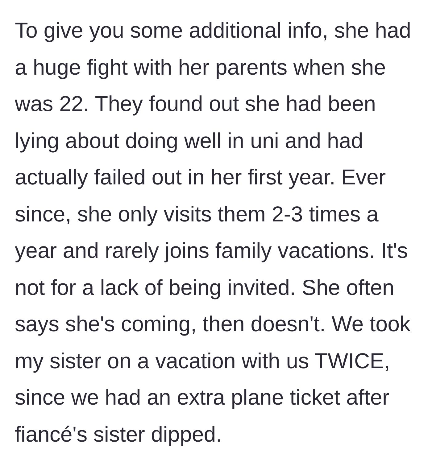 Story part 6 - Background context explaining the sister-in-law's history of lying, dropping out of university, and constantly bailing on family events.
