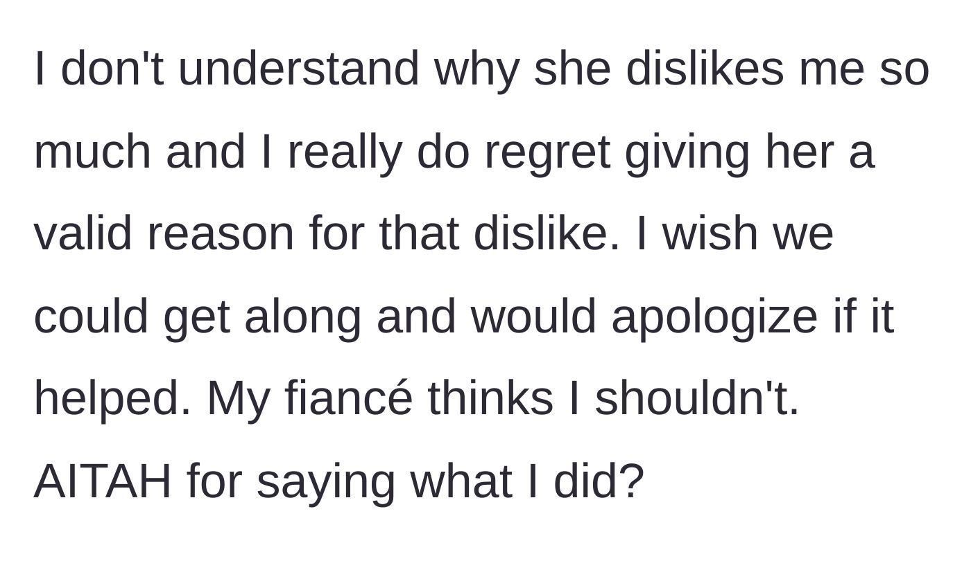 Story part 8 - The fiancée expresses guilt over the outburst and wonders if she should apologize, despite her fiancé telling her not to.
