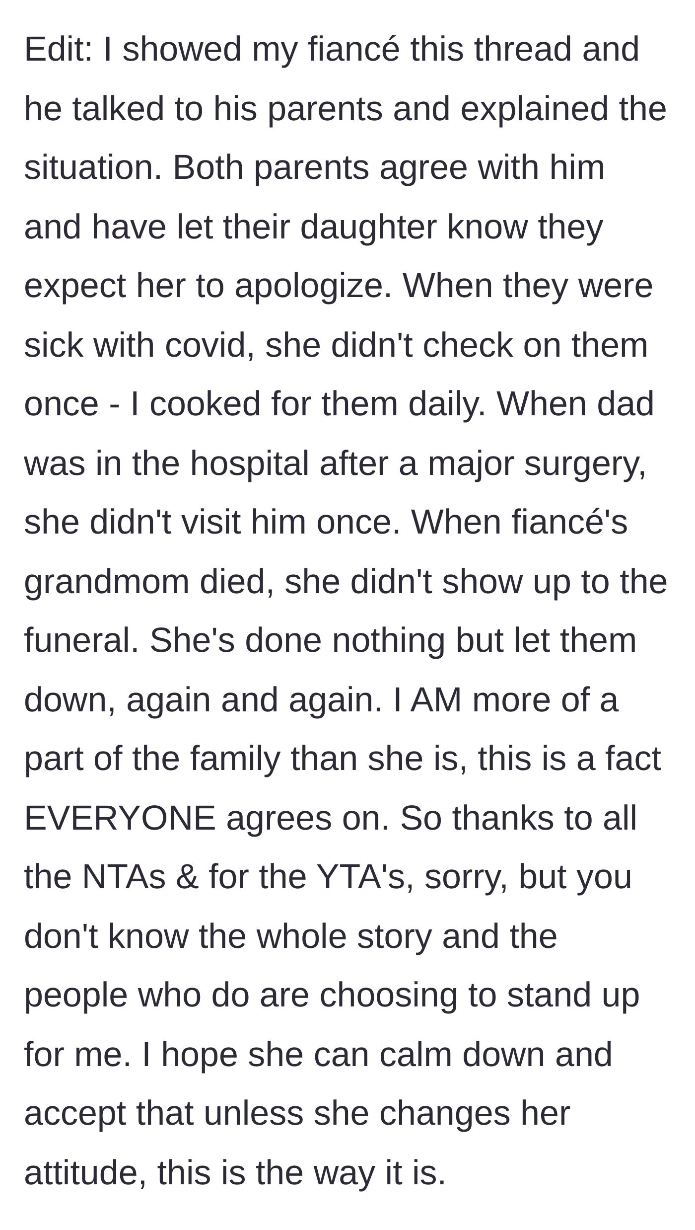 Story part 9 - An update where the parents demand an apology from the sister-in-law, revealing her shocking neglect during illnesses and family deaths compared to the fiancée's devoted care.