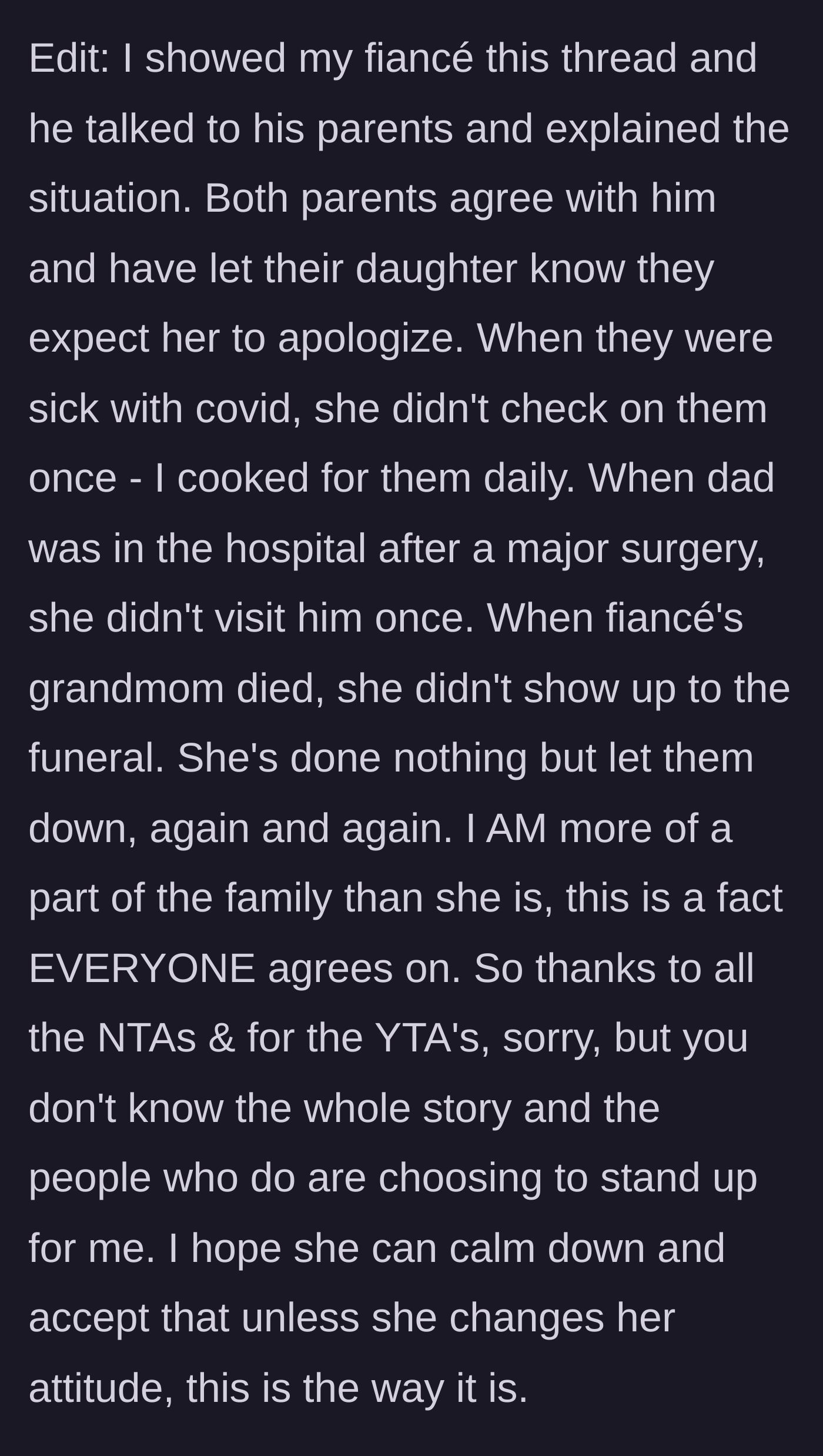 Story part 9 - An update where the parents demand an apology from the sister-in-law, revealing her shocking neglect during illnesses and family deaths compared to the fiancée's devoted care.