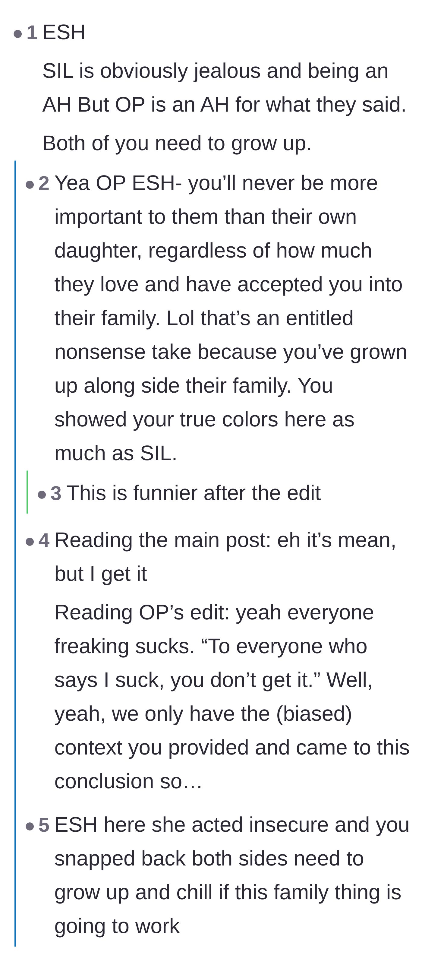 Comment thread 1 - Readers calling the fiancée entitled and criticizing her defensive post edit.
