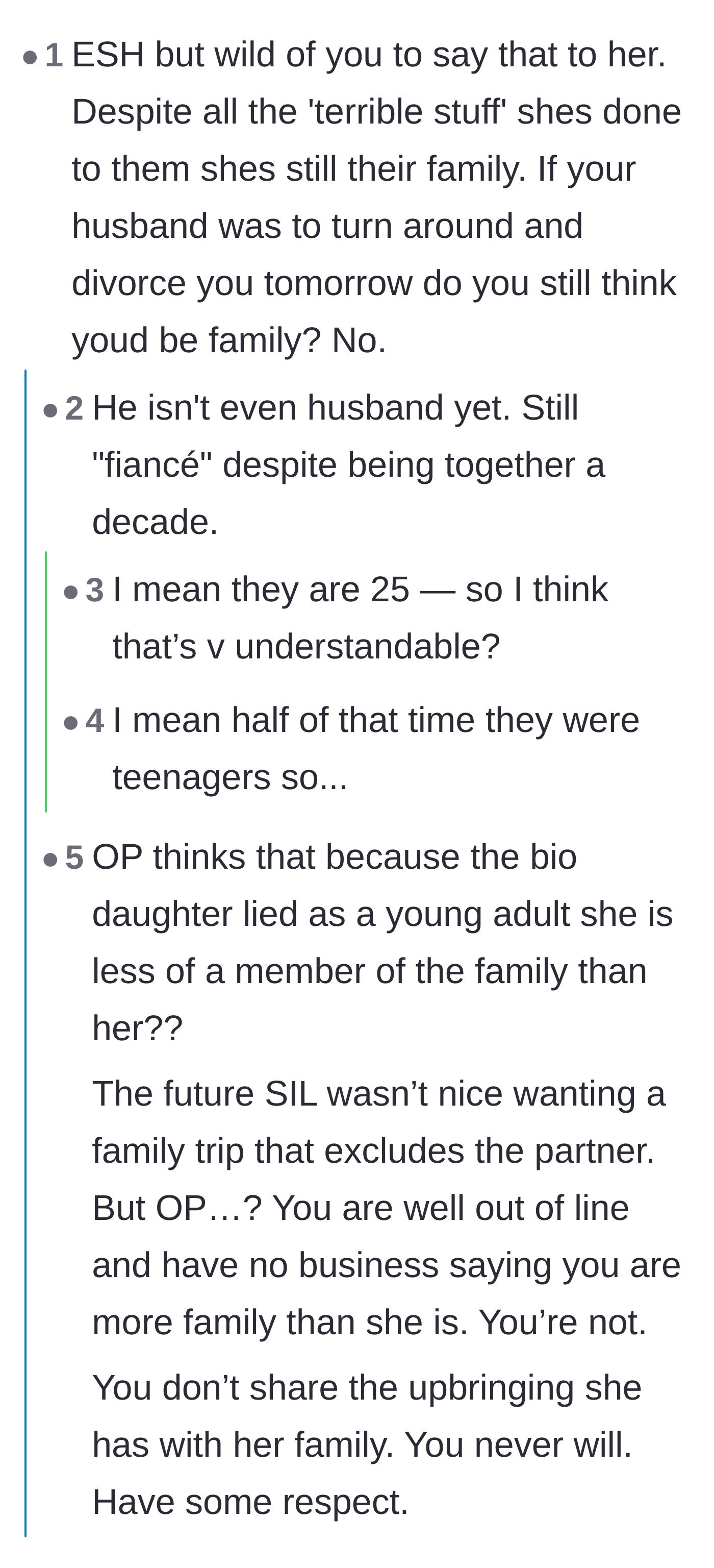 Comment thread 2 - A debate arguing that the fiancée isn't legally family yet and blood ties are permanent.