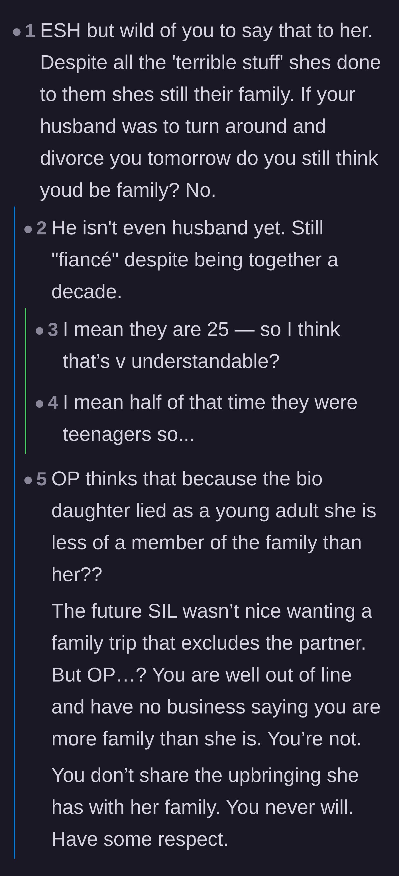 Comment thread 2 - A debate arguing that the fiancée isn't legally family yet and blood ties are permanent.