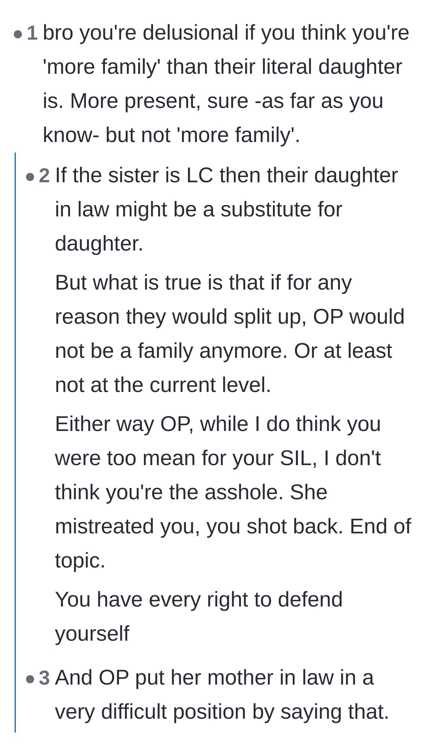 Comment thread 3 - Discussion weighing the fiancée being more present against the biological daughter's permanent family status.