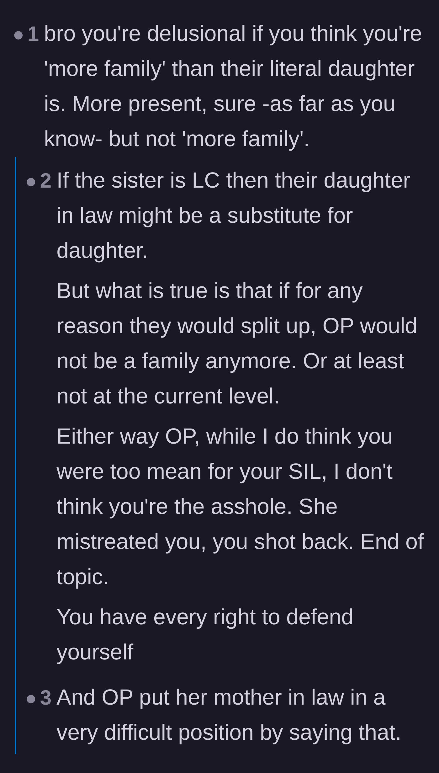 Comment thread 3 - Discussion weighing the fiancée being more present against the biological daughter's permanent family status.