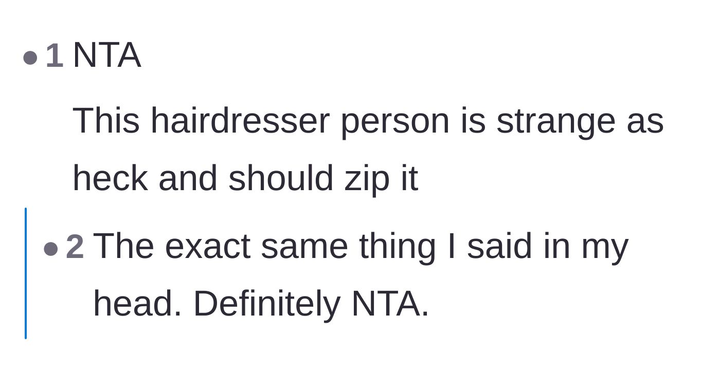 Comment thread 2 - Bluntly calling out the hairdresser's strange behavior