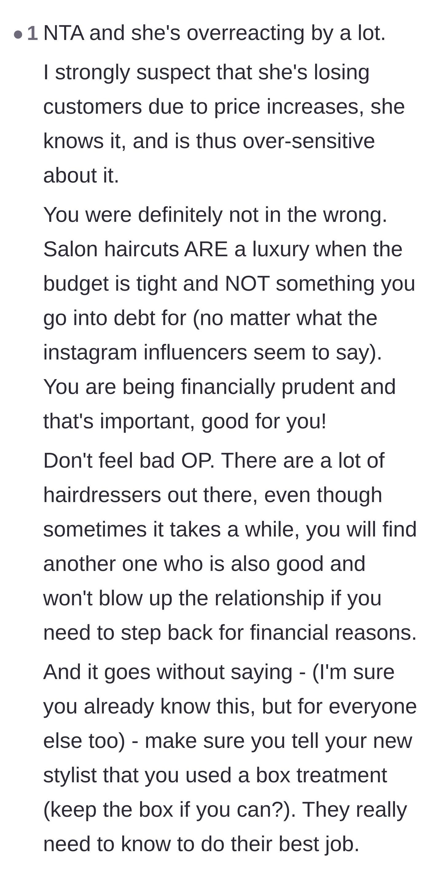 Comment thread 4 - Analyzing the stylist's financial insecurity and offering practical advice