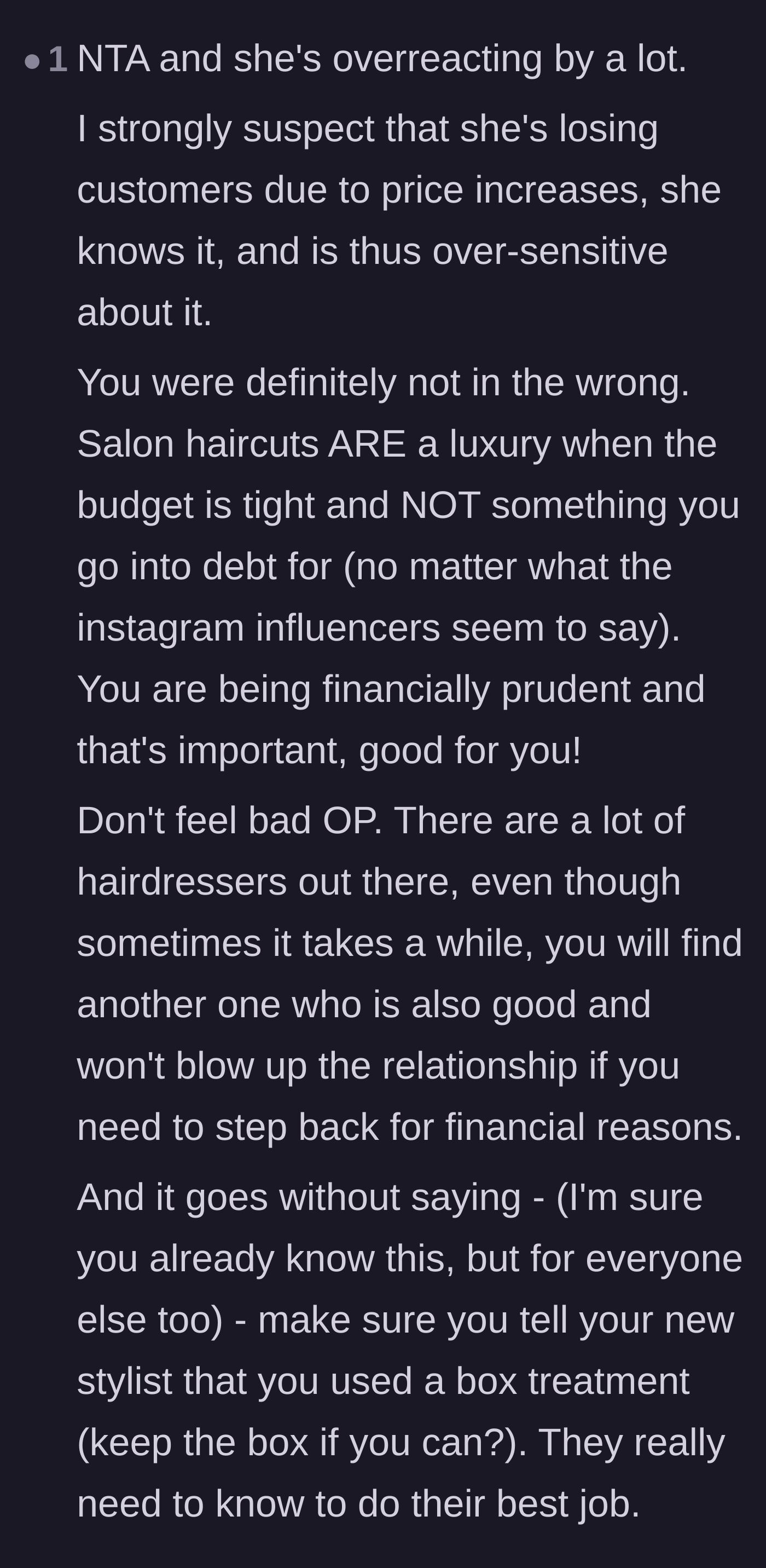 Comment thread 4 - Analyzing the stylist's financial insecurity and offering practical advice