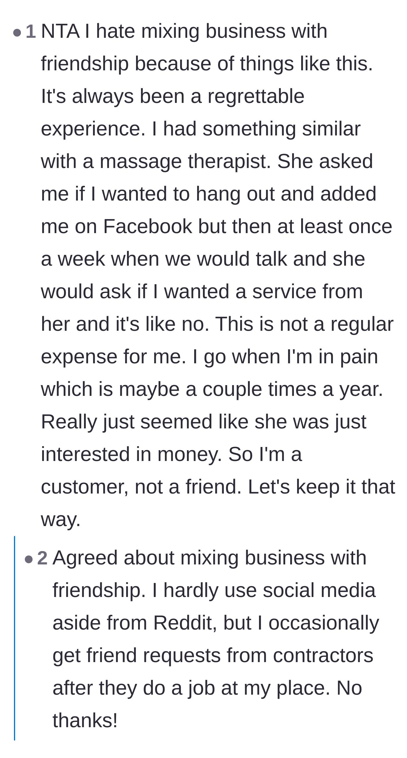 Comment thread 5 - Sharing stories about the dangers of mixing business with personal relationships