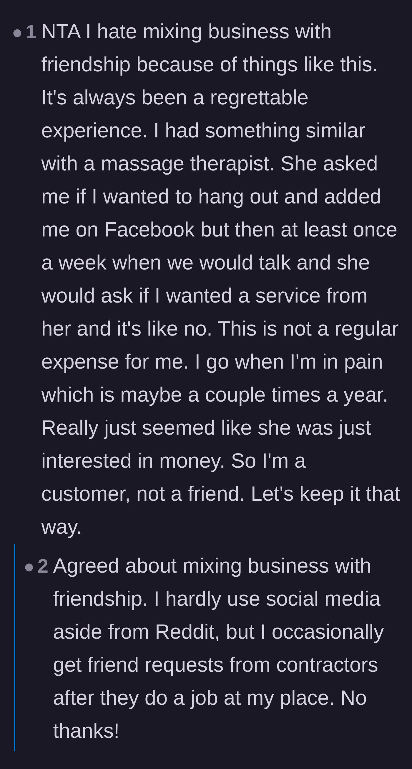 Comment thread 5 - Sharing stories about the dangers of mixing business with personal relationships