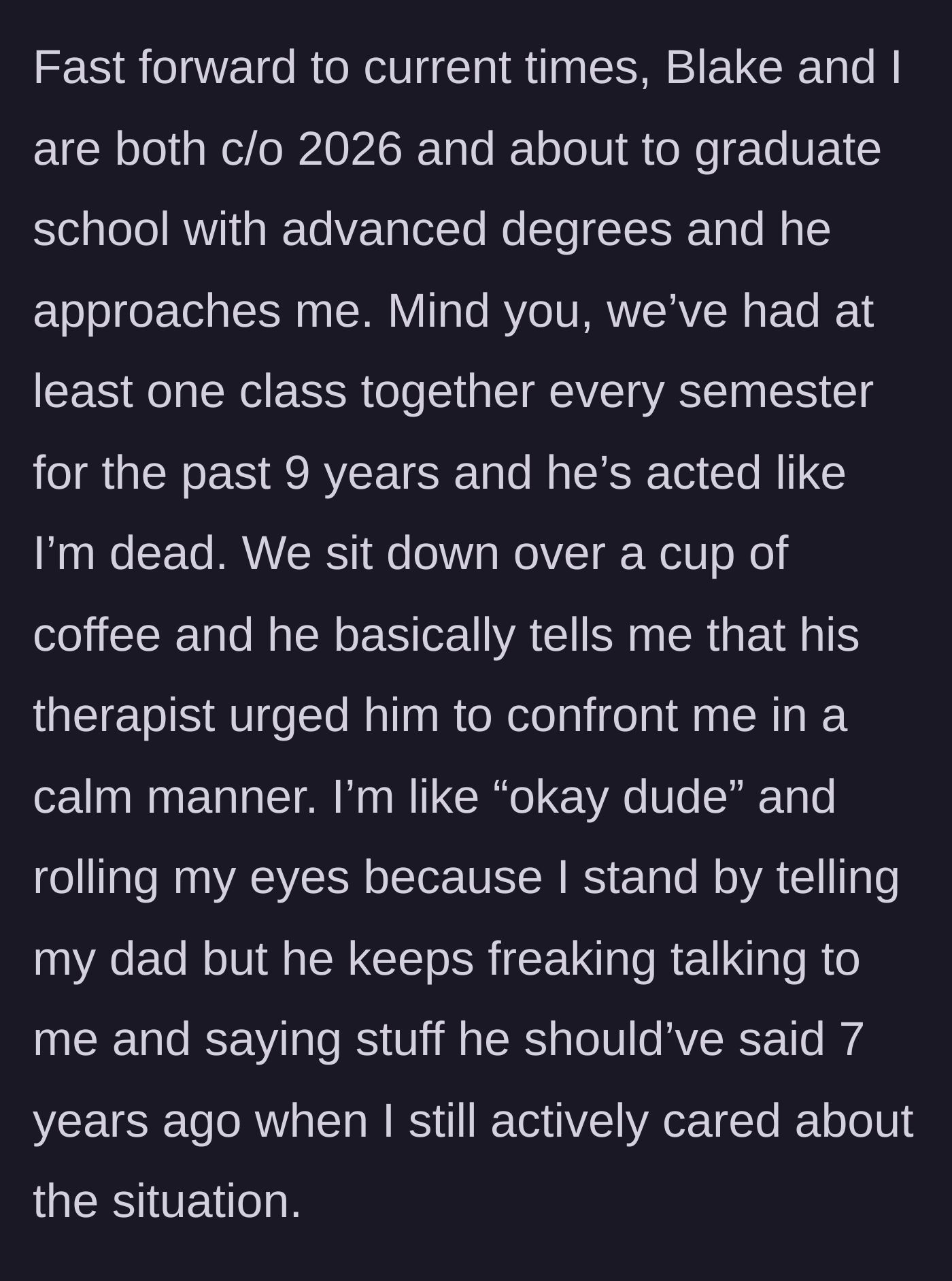 Story part 6 - A tense coffee shop reunion after nine years of silence, initiated by the former friend's therapist.