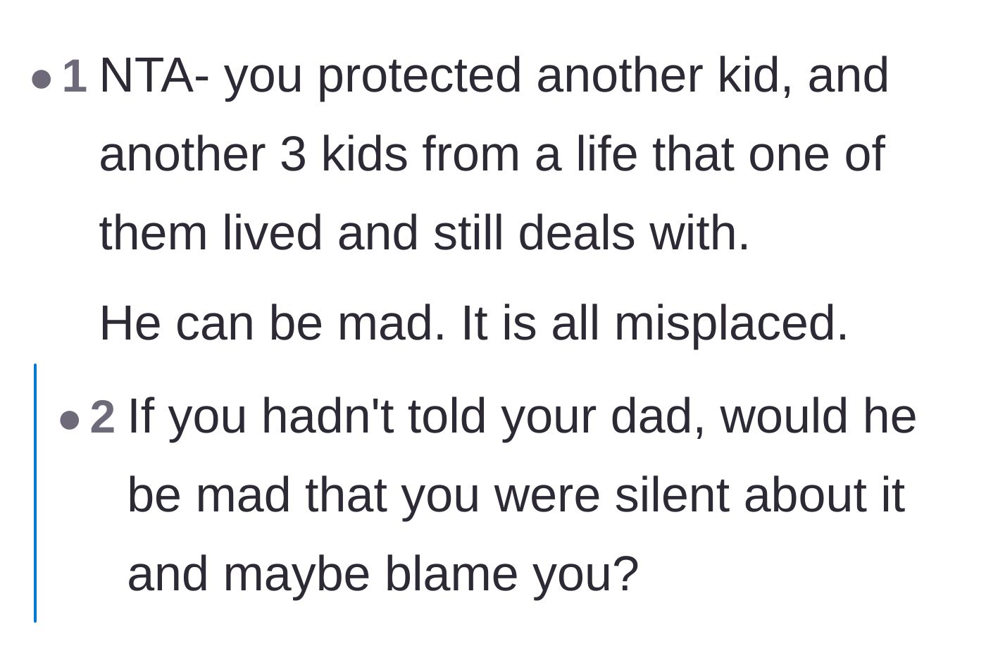 Comment thread 1 - A discussion on how the father's intervention stopped the cycle of abuse, paired with a survivor's perspective on the trauma of losing control over disclosure.