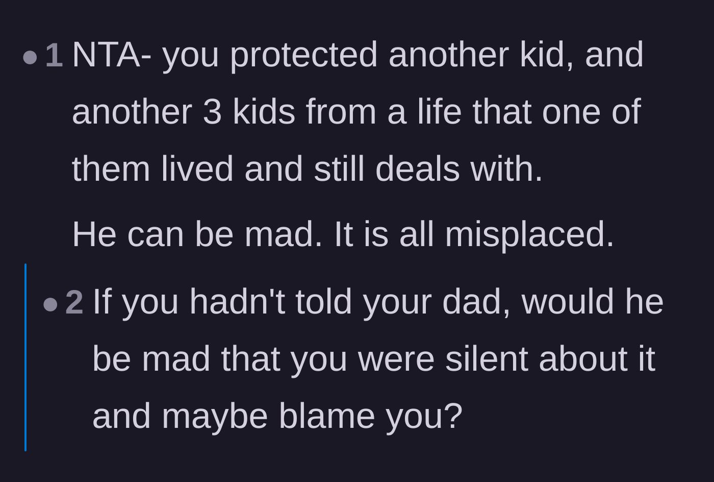 Comment thread 1 - A discussion on how the father's intervention stopped the cycle of abuse, paired with a survivor's perspective on the trauma of losing control over disclosure.