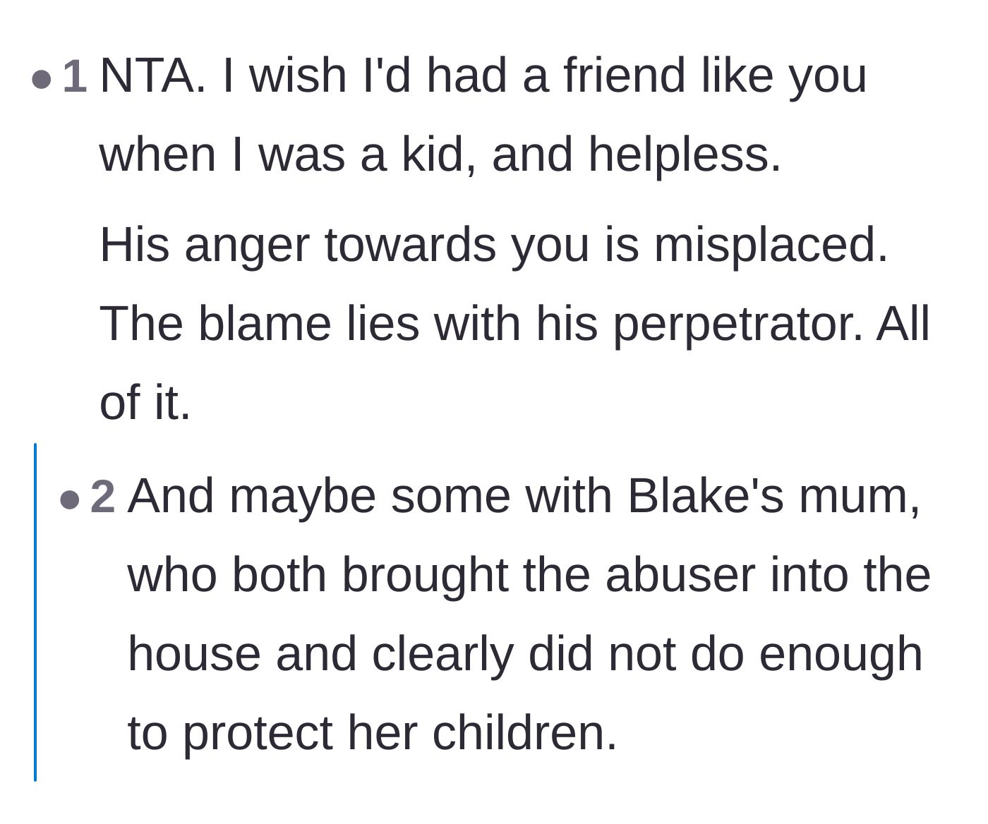 Comment thread 6 - A poignant wish from another survivor for a protective friend, shifting the ultimate blame entirely back to the abuser.
