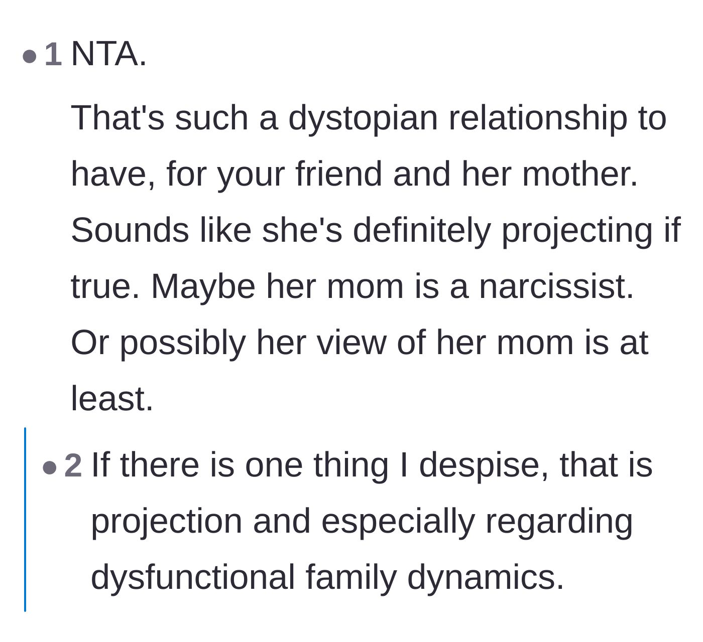 Comment thread 2 - Calling out the friend's projection of her own dysfunctional family