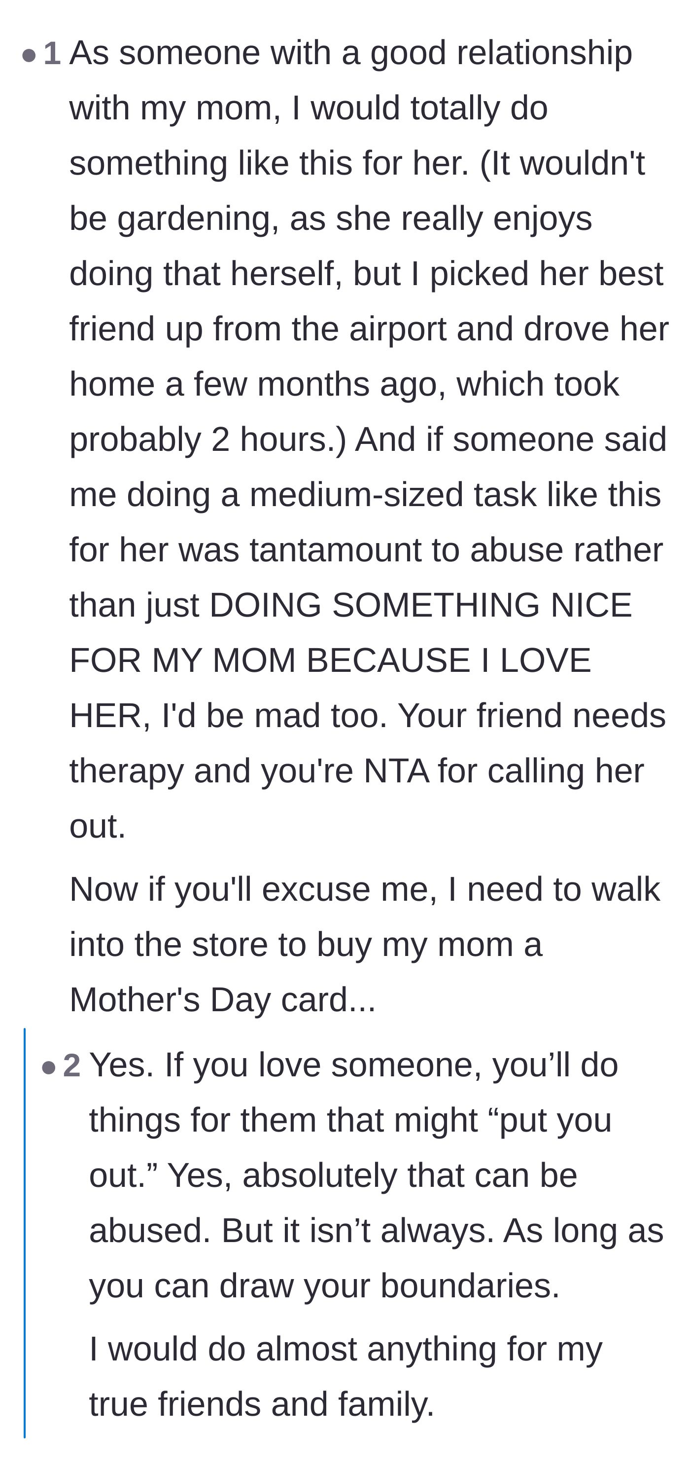 Comment thread 5 - Sharing examples of normal favors in healthy mother-child relationships