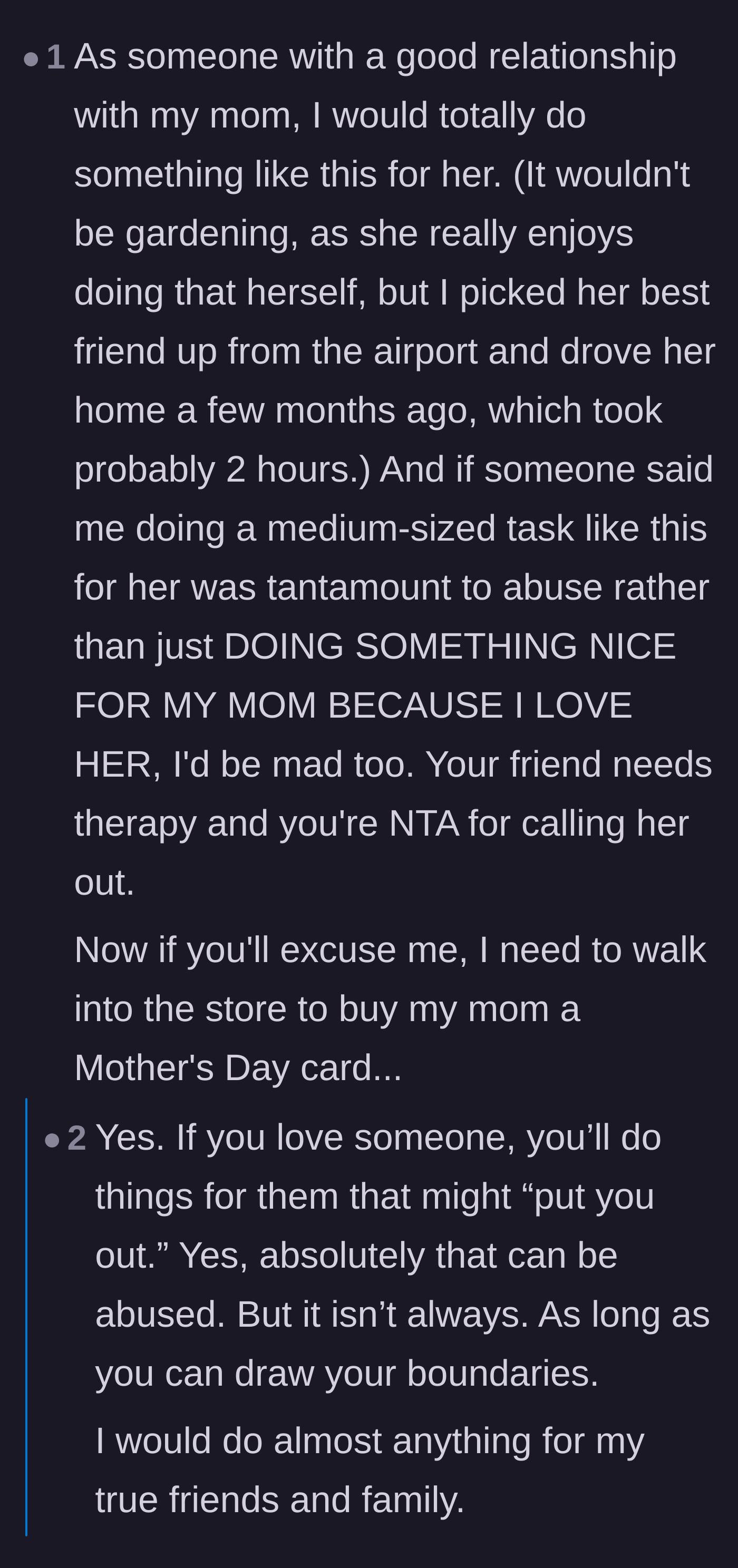 Comment thread 5 - Sharing examples of normal favors in healthy mother-child relationships