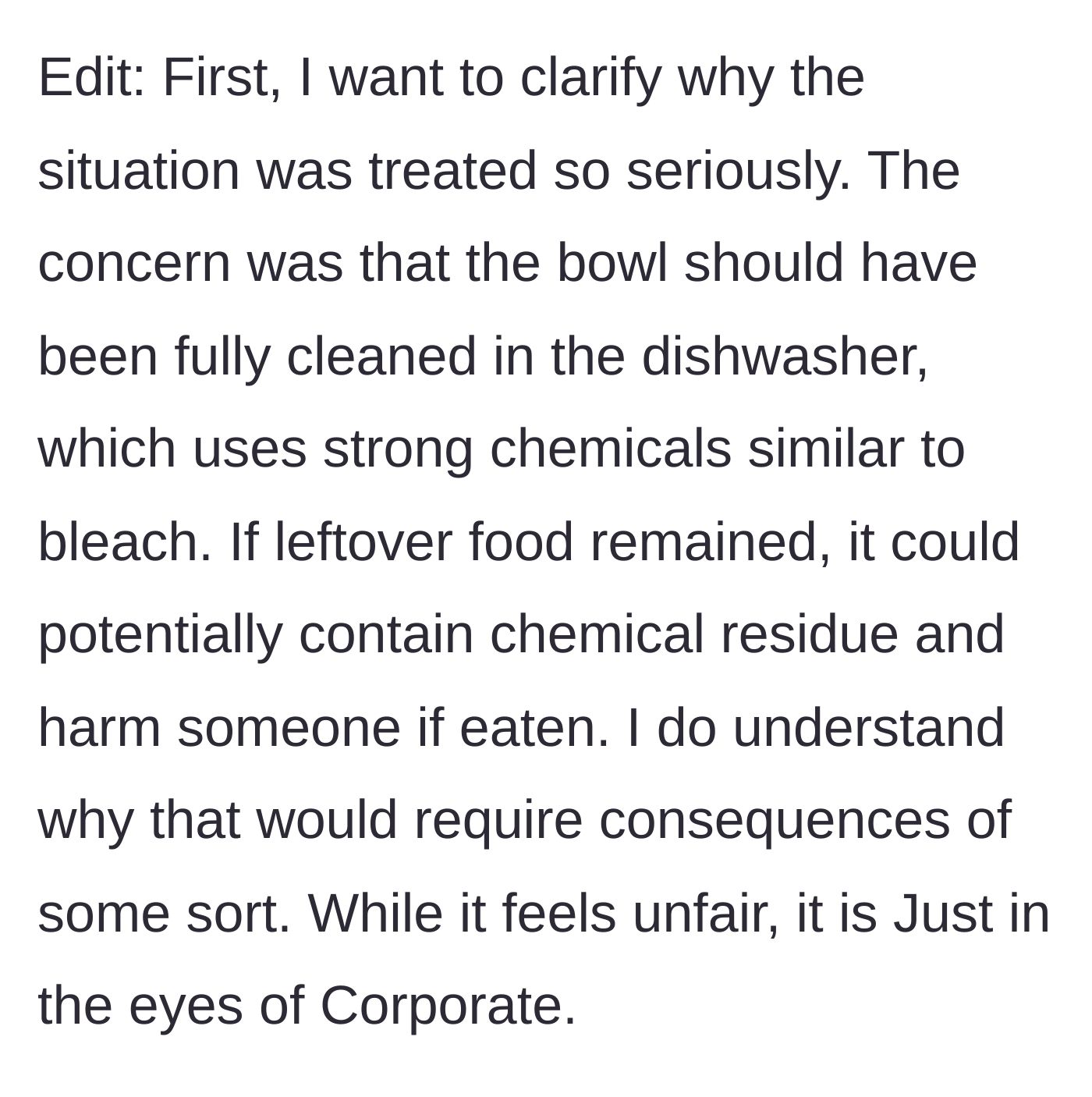 Story part 10 - An edit explains the severe chemical risks of dirty bowls and concedes that corporate's actions were technically justified.