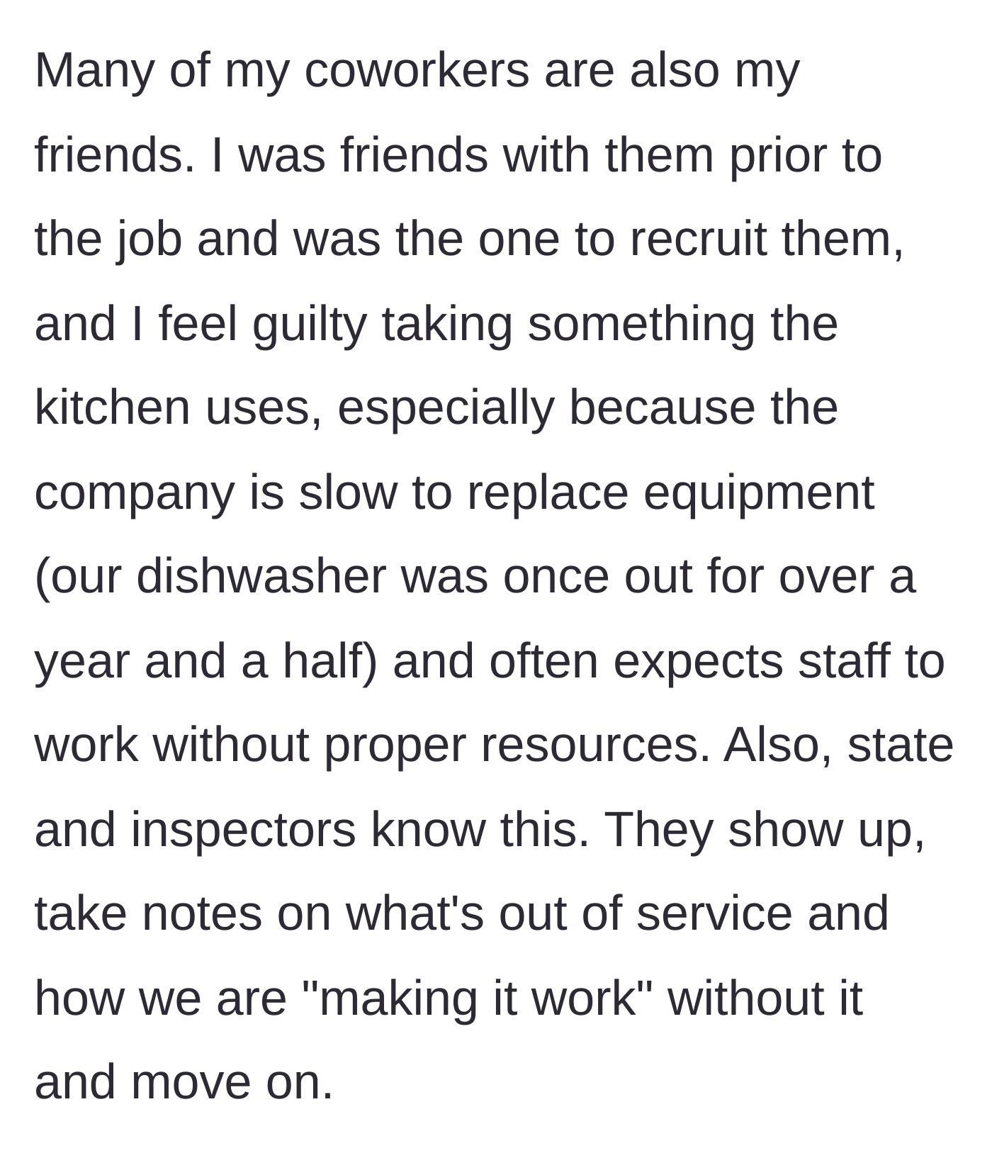 Story part 13 - She shares her guilt over taking the mixer because she knows her coworkers rely on it due to the company's refusal to buy equipment.