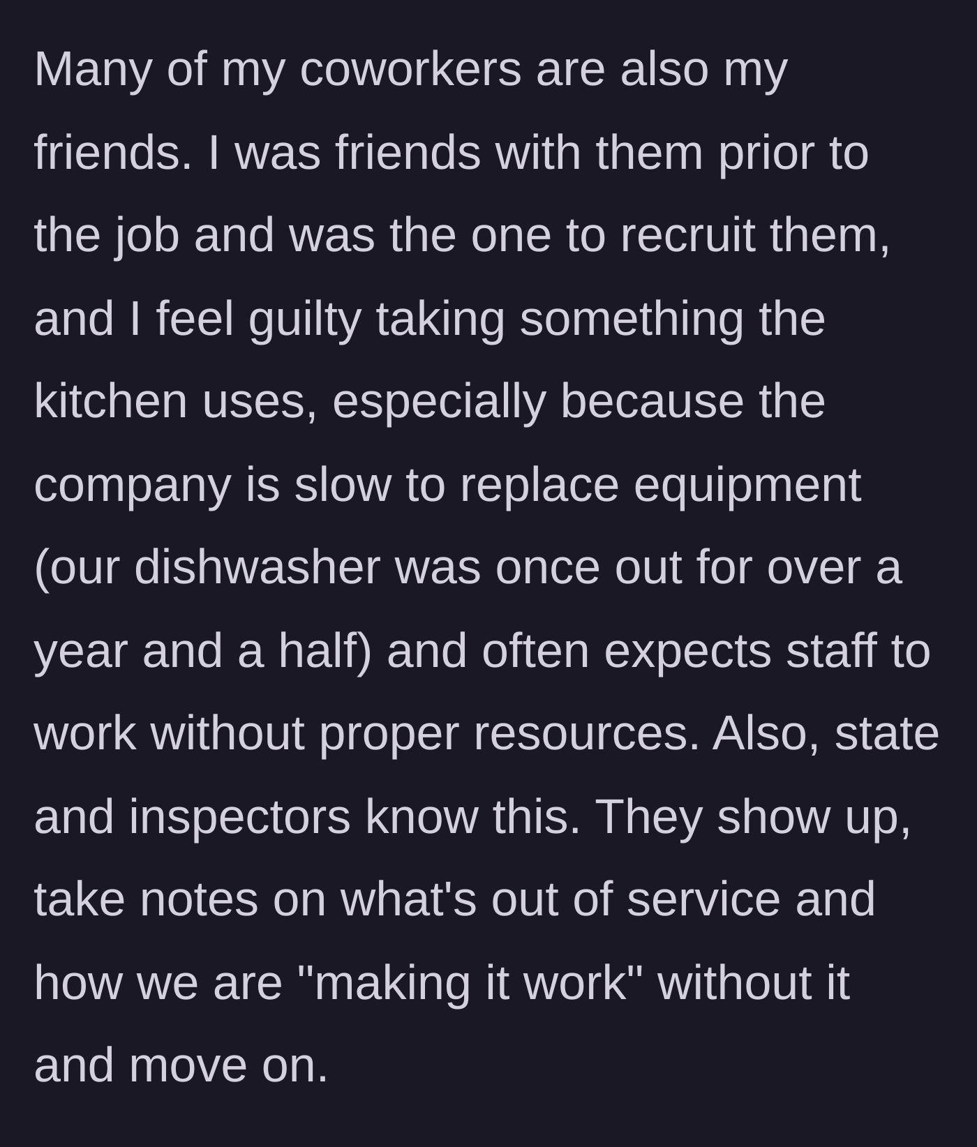 Story part 13 - She shares her guilt over taking the mixer because she knows her coworkers rely on it due to the company's refusal to buy equipment.