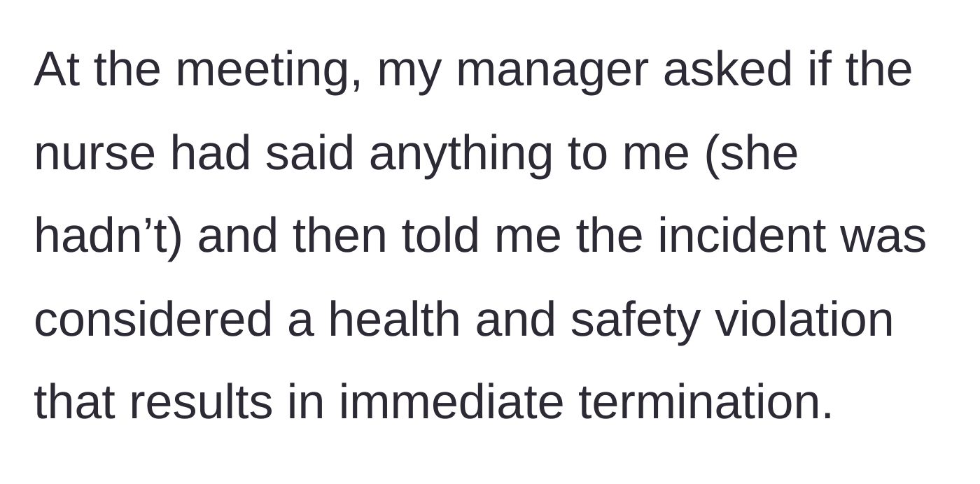 Story part 7 - In a meeting, her manager fires her immediately, citing a strict health and safety violation.