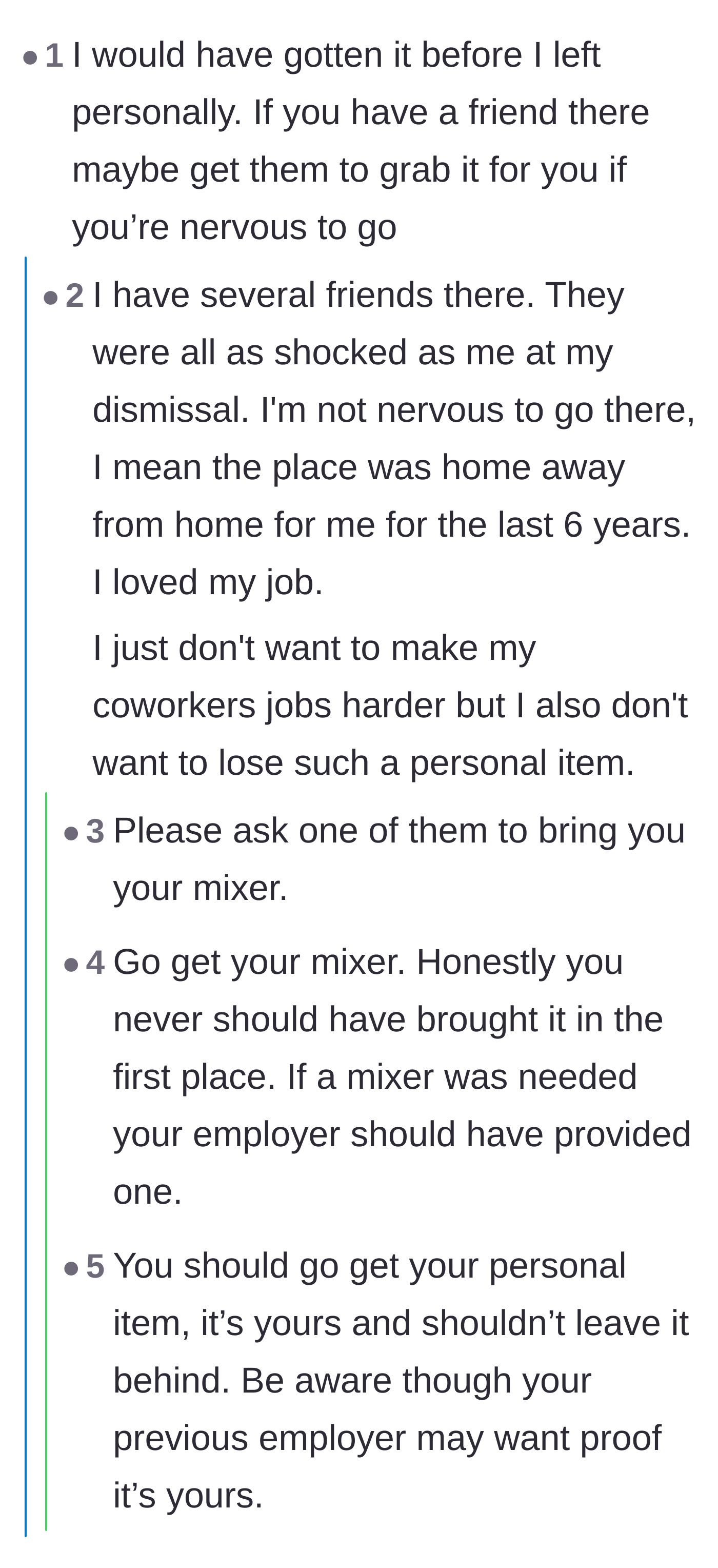 Comment thread 1 - Readers encourage the author to have a friend retrieve her mother's mixer and suggest consulting a labor lawyer.