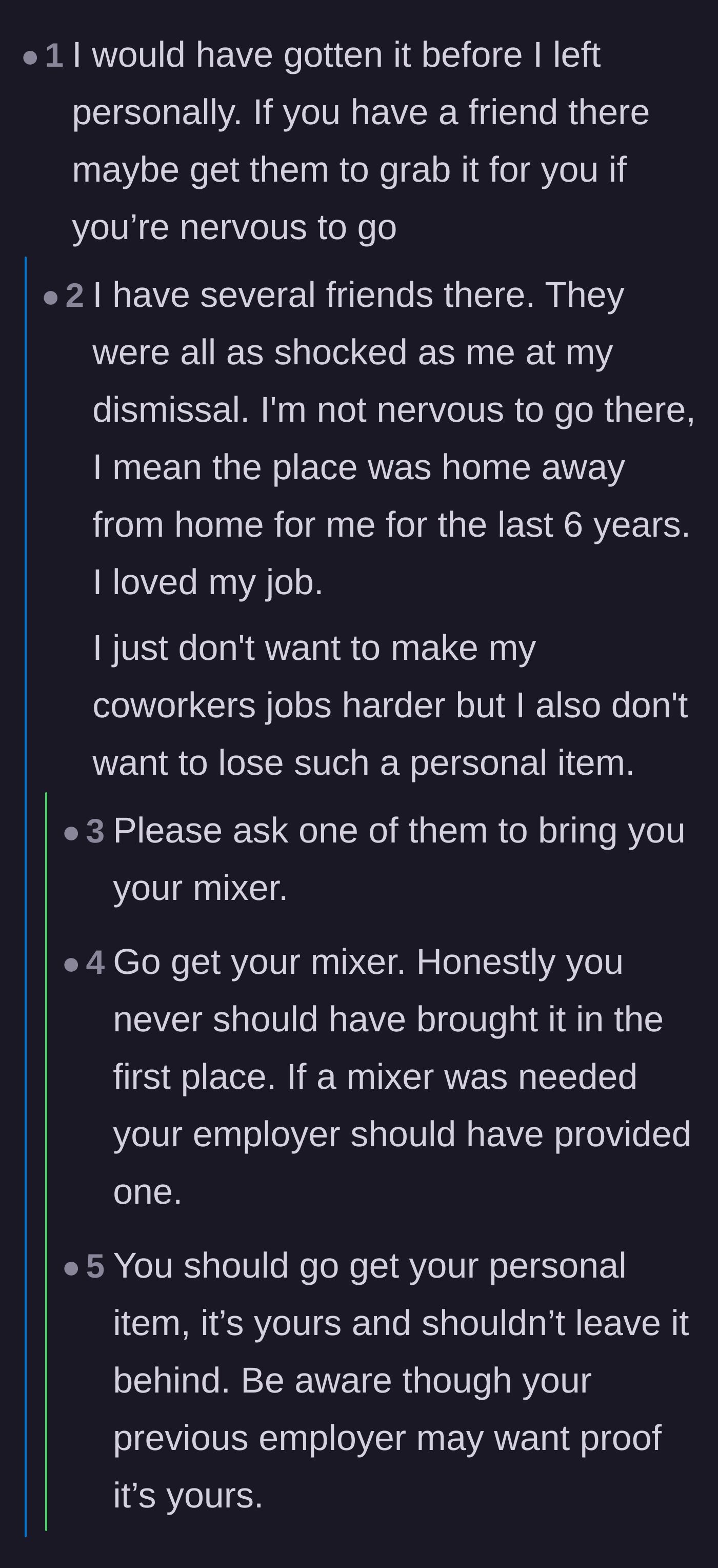 Comment thread 1 - Readers encourage the author to have a friend retrieve her mother's mixer and suggest consulting a labor lawyer.