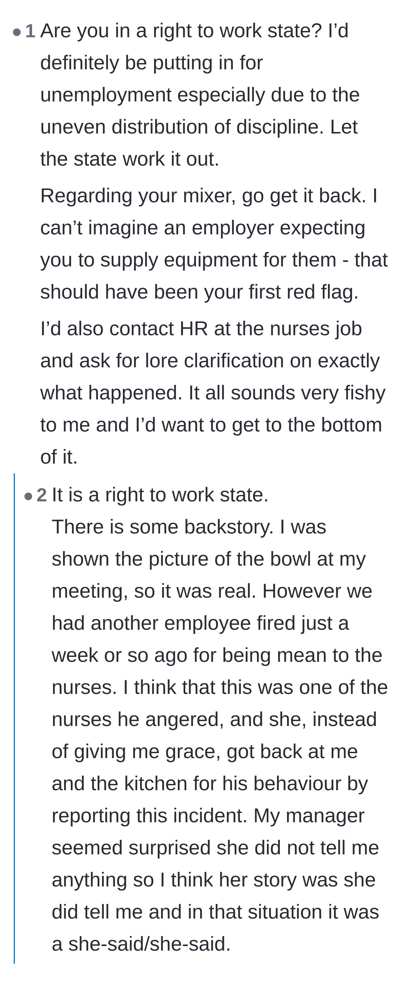 Comment thread 3 - Readers advise applying for unemployment and debate state labor laws regarding withheld vacation pay.