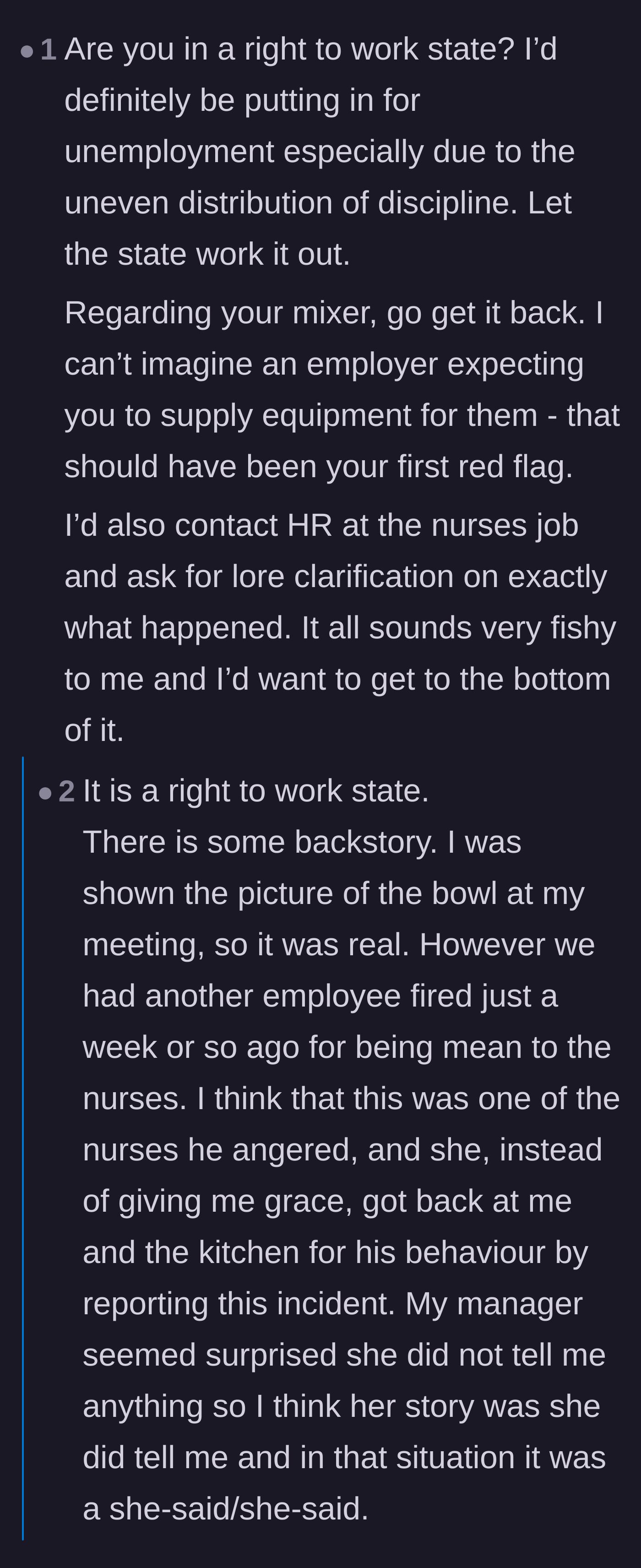 Comment thread 3 - Readers advise applying for unemployment and debate state labor laws regarding withheld vacation pay.