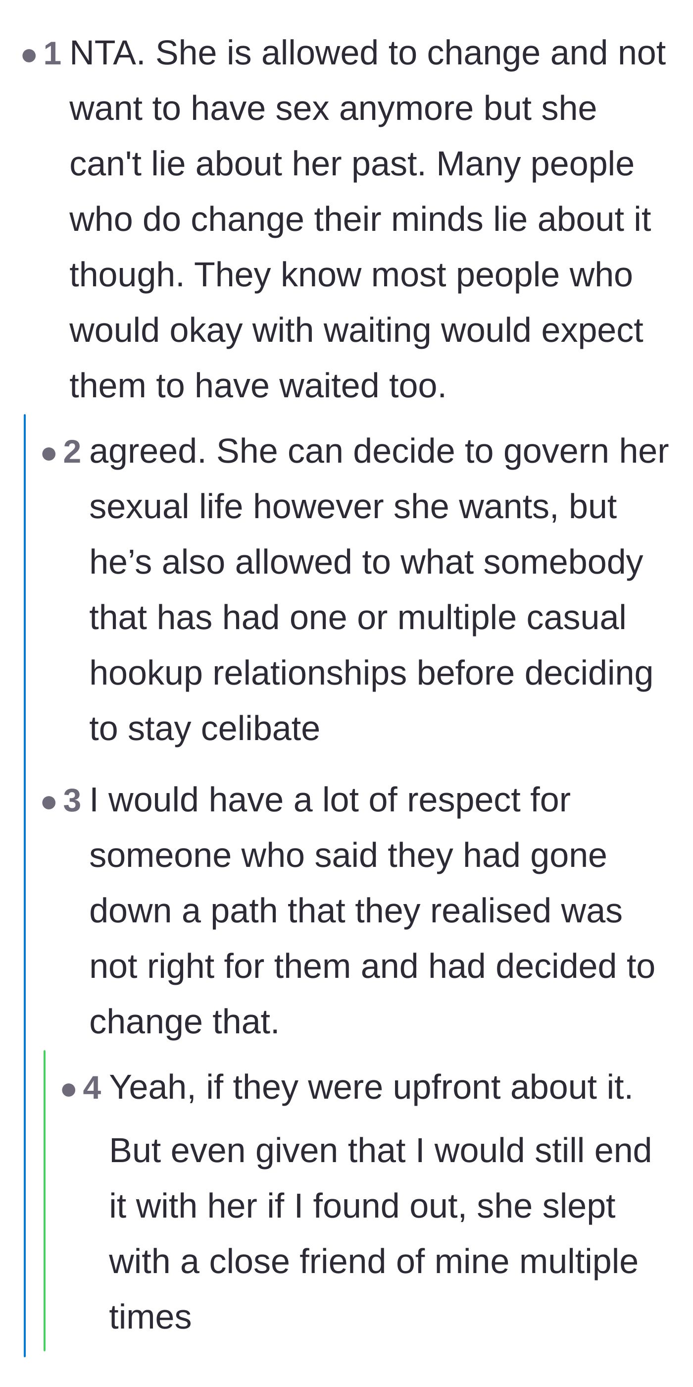 Comment thread 2 - A deep discussion about how changing your boundaries is fine, but lying about your past to secure a partner is manipulation.