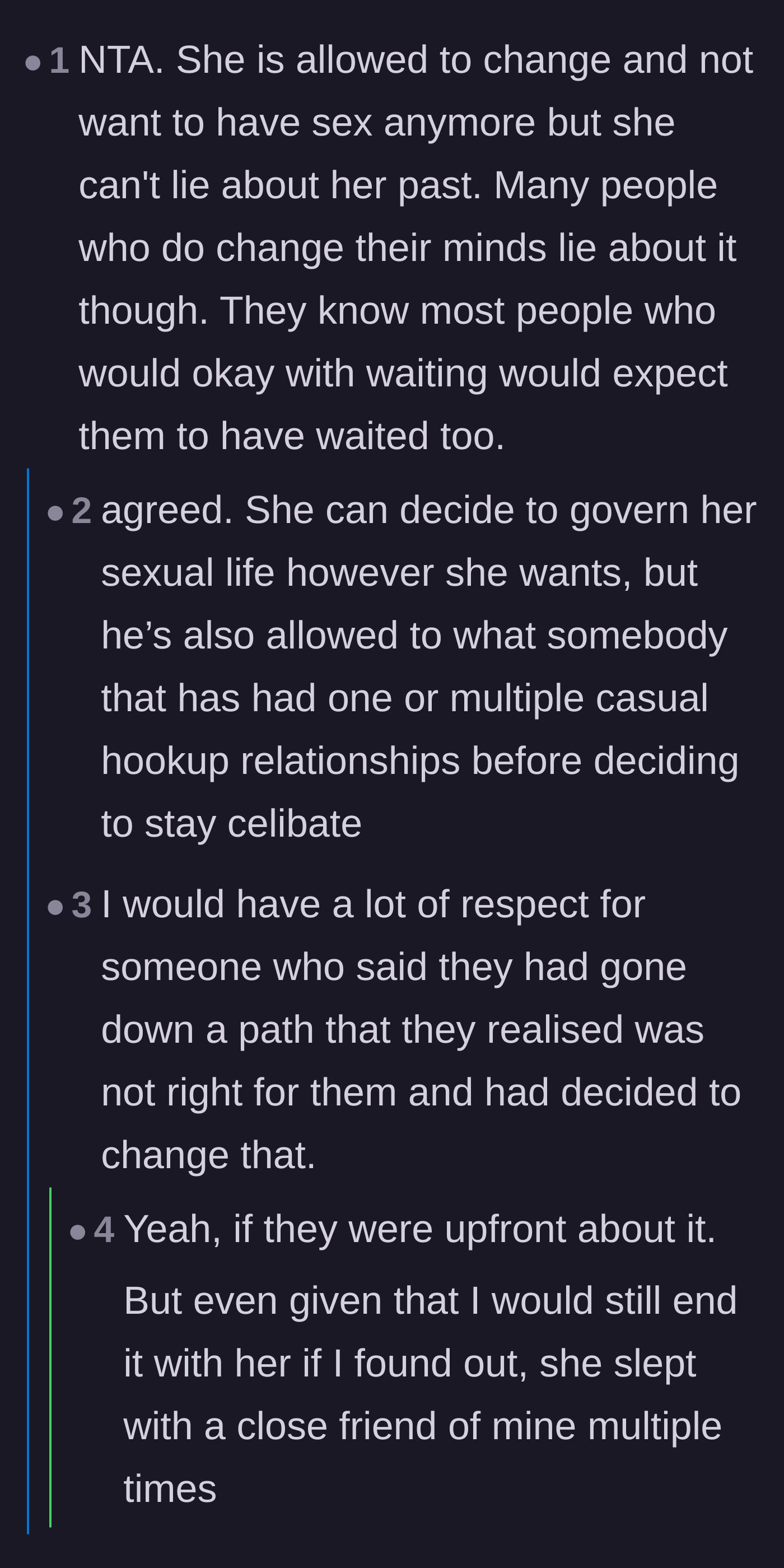 Comment thread 2 - A deep discussion about how changing your boundaries is fine, but lying about your past to secure a partner is manipulation.