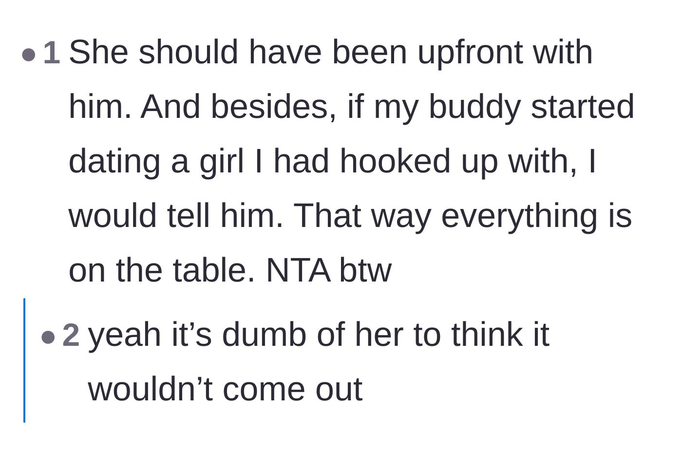 Comment thread 3 - Comments agreeing that the bro code requires full transparency when you've hooked up with a friend's new partner.