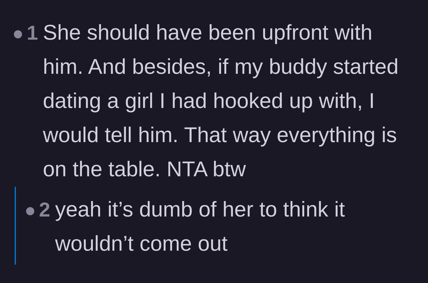 Comment thread 3 - Comments agreeing that the bro code requires full transparency when you've hooked up with a friend's new partner.