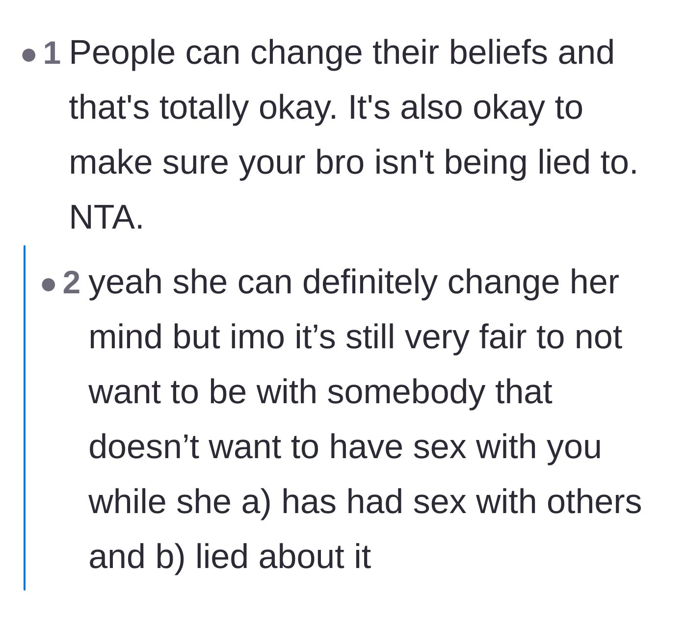 Comment thread 6 - A debate about the fairness of expecting a partner to be celibate when you have a hidden past.