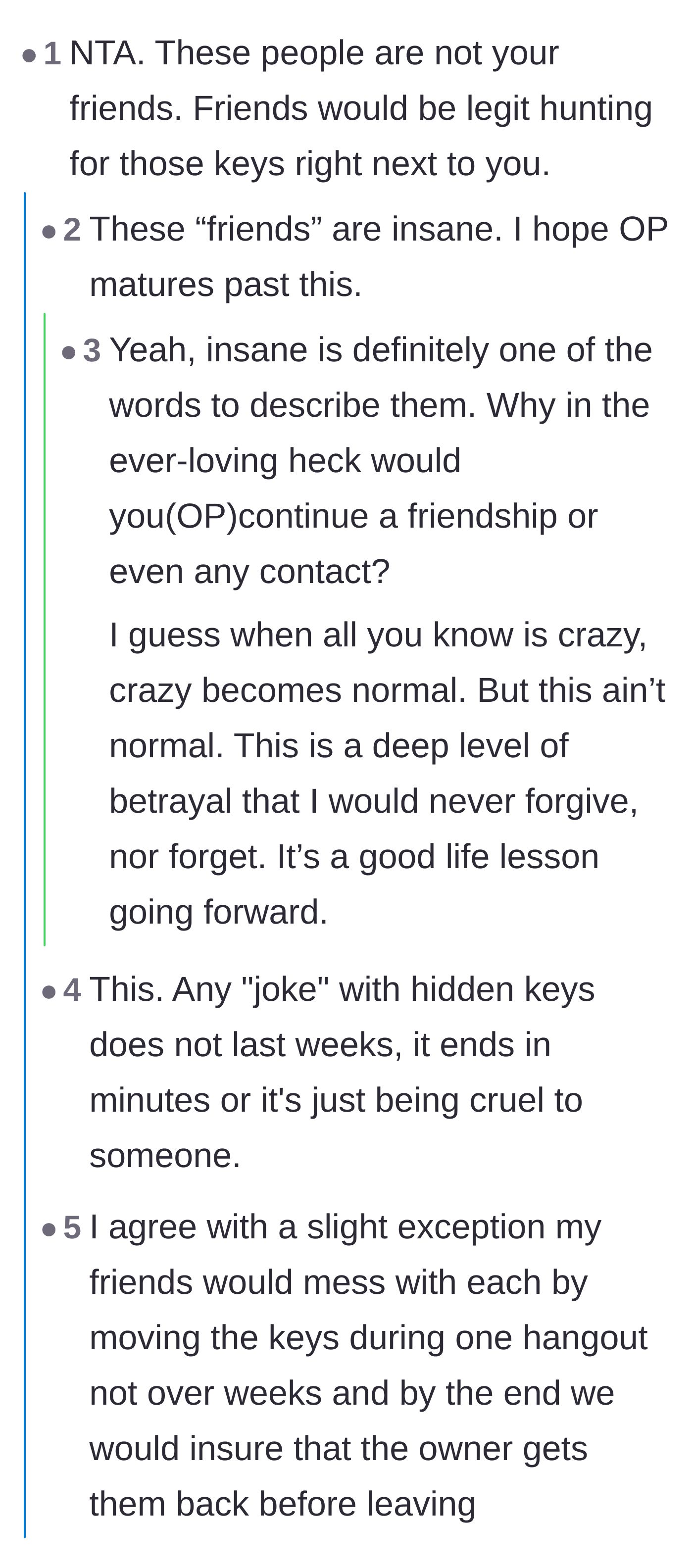 Comment thread 1 - Readers pointing out that real friends would actively help you look for missing keys, not hide them.