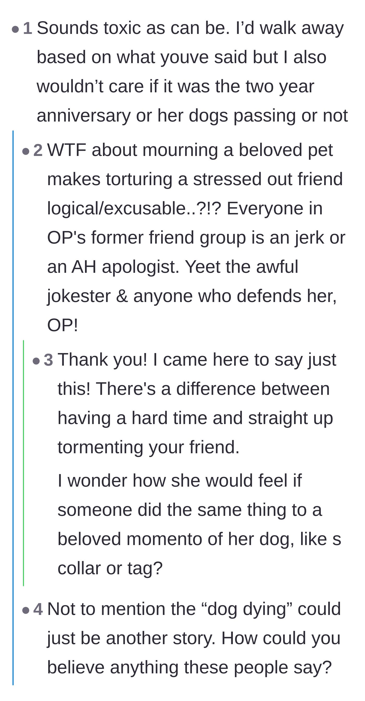 Comment thread 2 - Commenters debunking the excuse about the friend grieving a two-year-old pet loss.