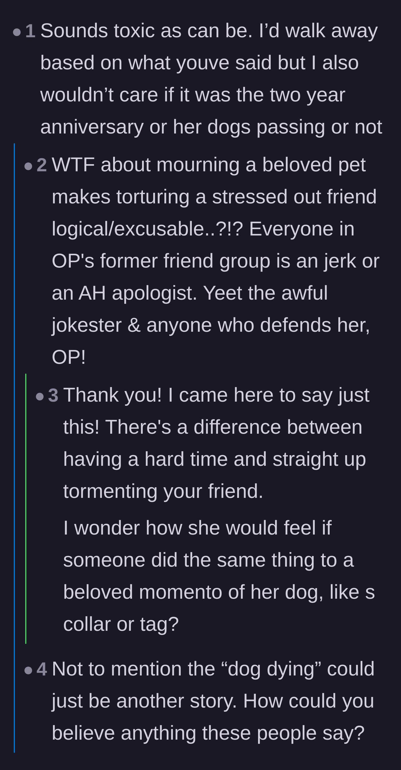 Comment thread 2 - Commenters debunking the excuse about the friend grieving a two-year-old pet loss.